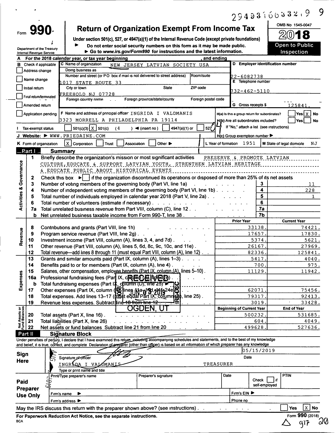 Image of first page of 2018 Form 990O for Priedaine
