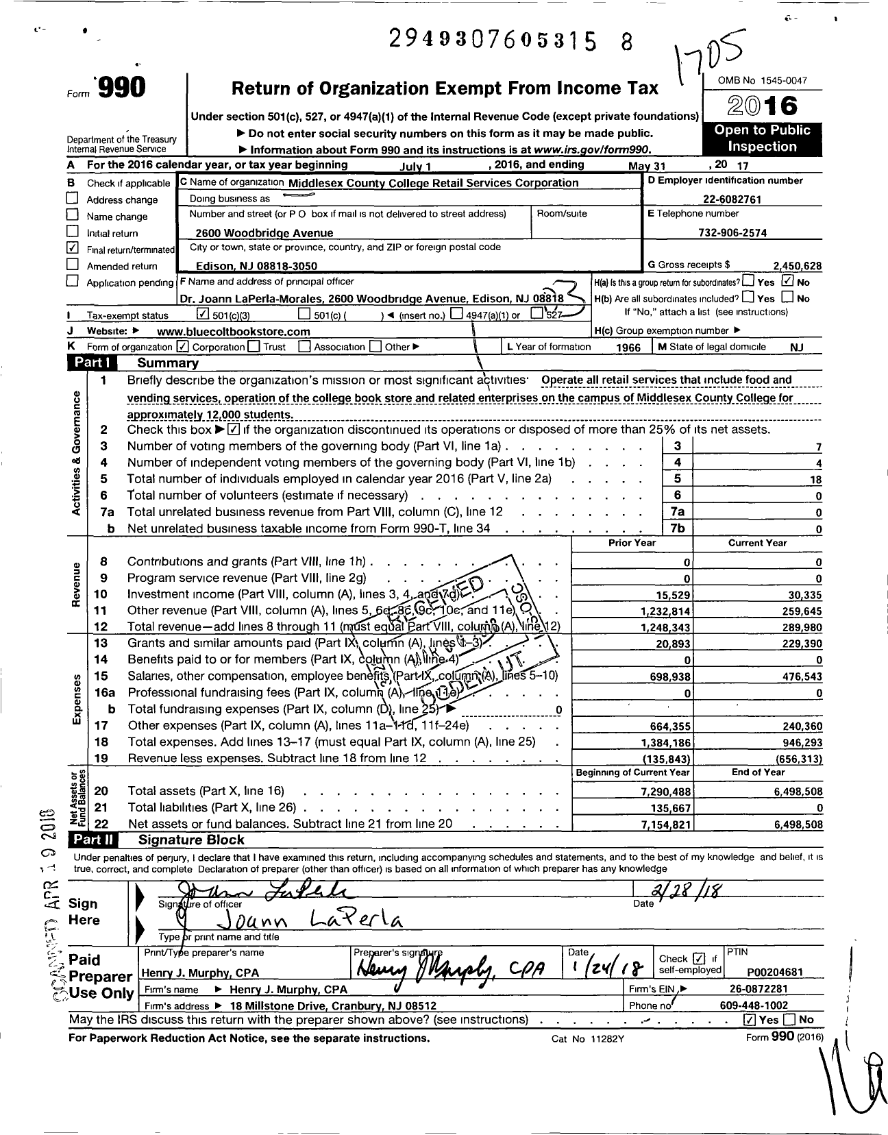 Image of first page of 2016 Form 990 for Middlesex County College Retail Services Corporation