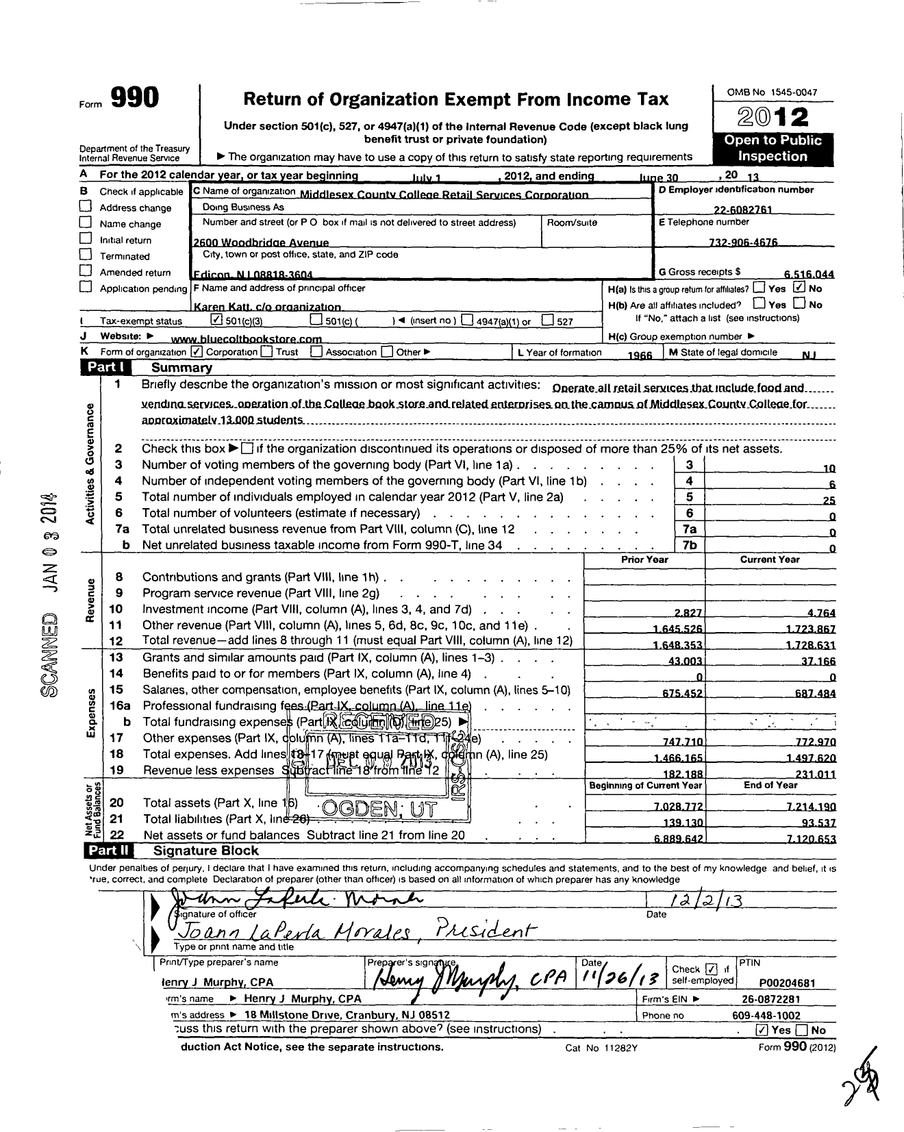 Image of first page of 2012 Form 990 for Middlesex County College Retail Services Corporation