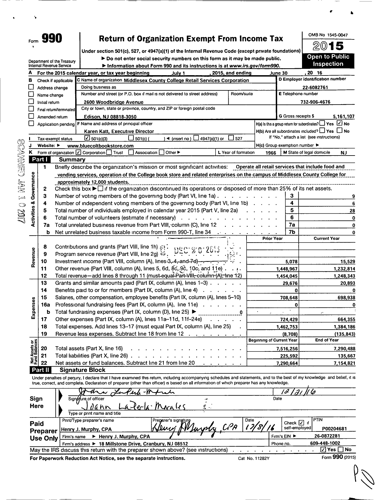 Image of first page of 2015 Form 990 for Middlesex County College Retail Services Corporation