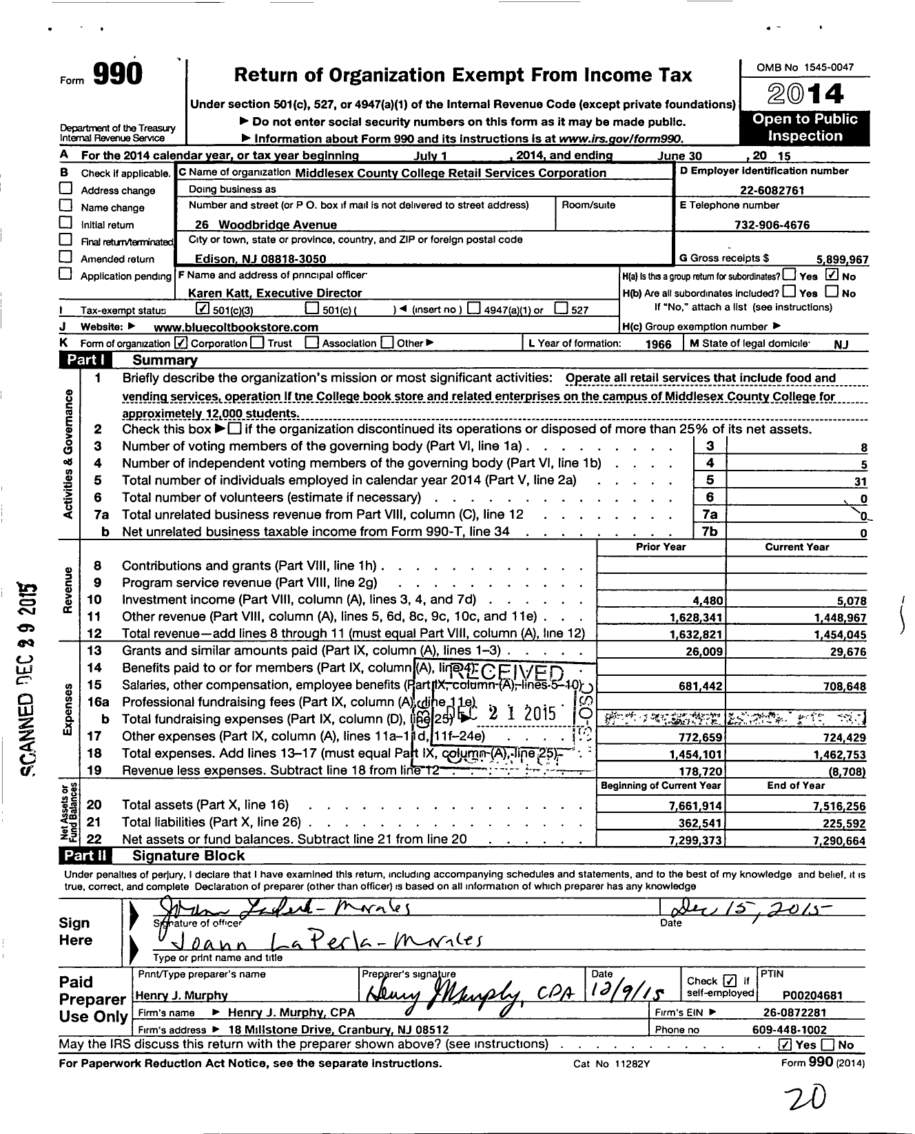 Image of first page of 2014 Form 990 for Middlesex County College Retail Services Corporation