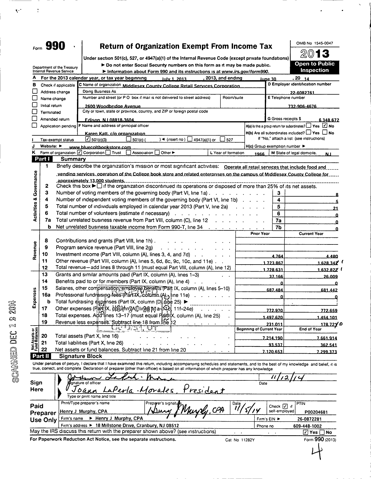 Image of first page of 2013 Form 990 for Middlesex County College Retail Services Corporation