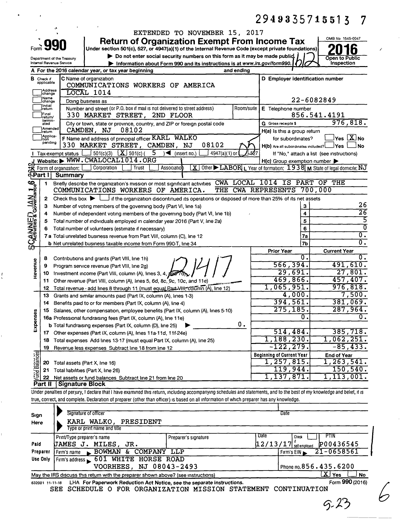 Image of first page of 2016 Form 990O for Cwa Local 1014 Local 1014