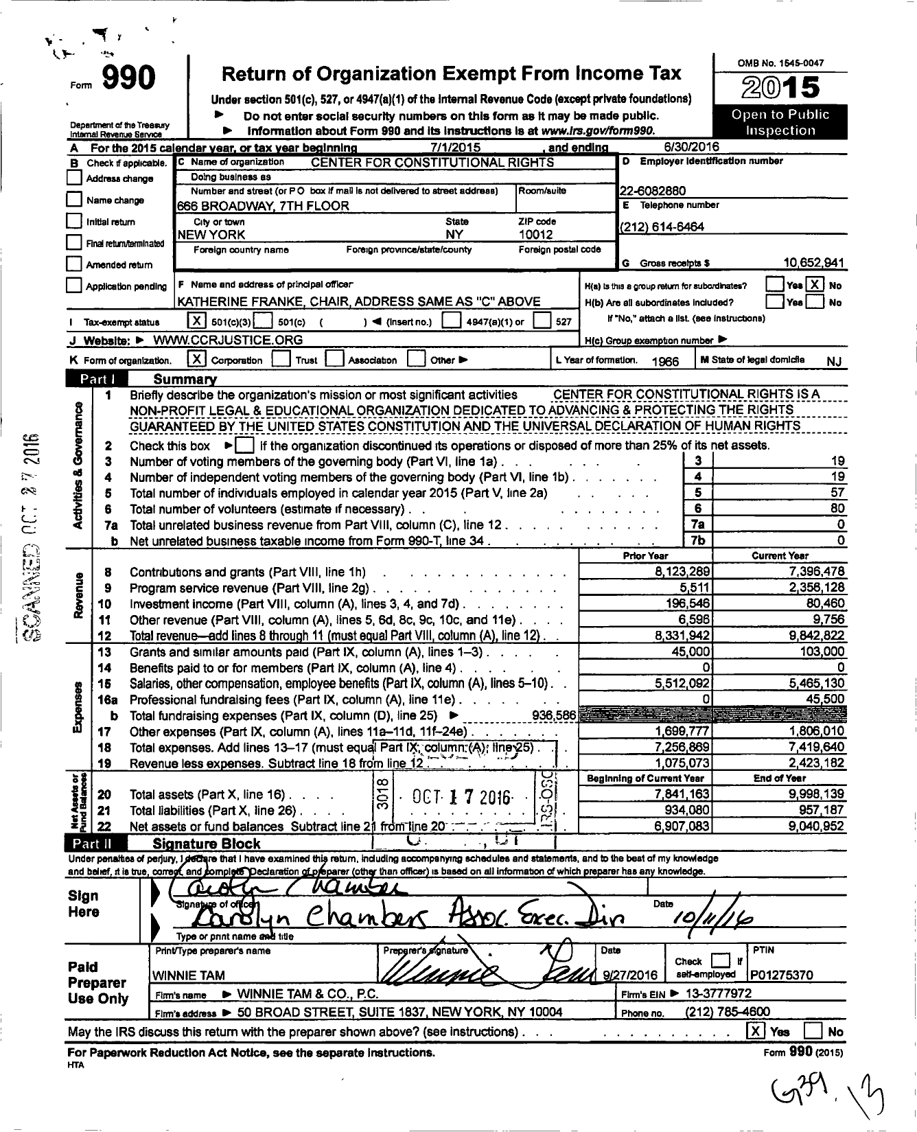 Image of first page of 2015 Form 990 for Center for Constitutional Rights