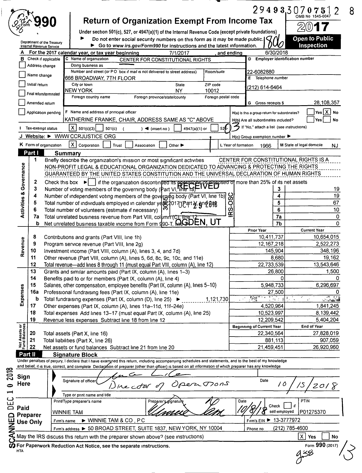 Image of first page of 2017 Form 990 for Center for Constitutional Rights