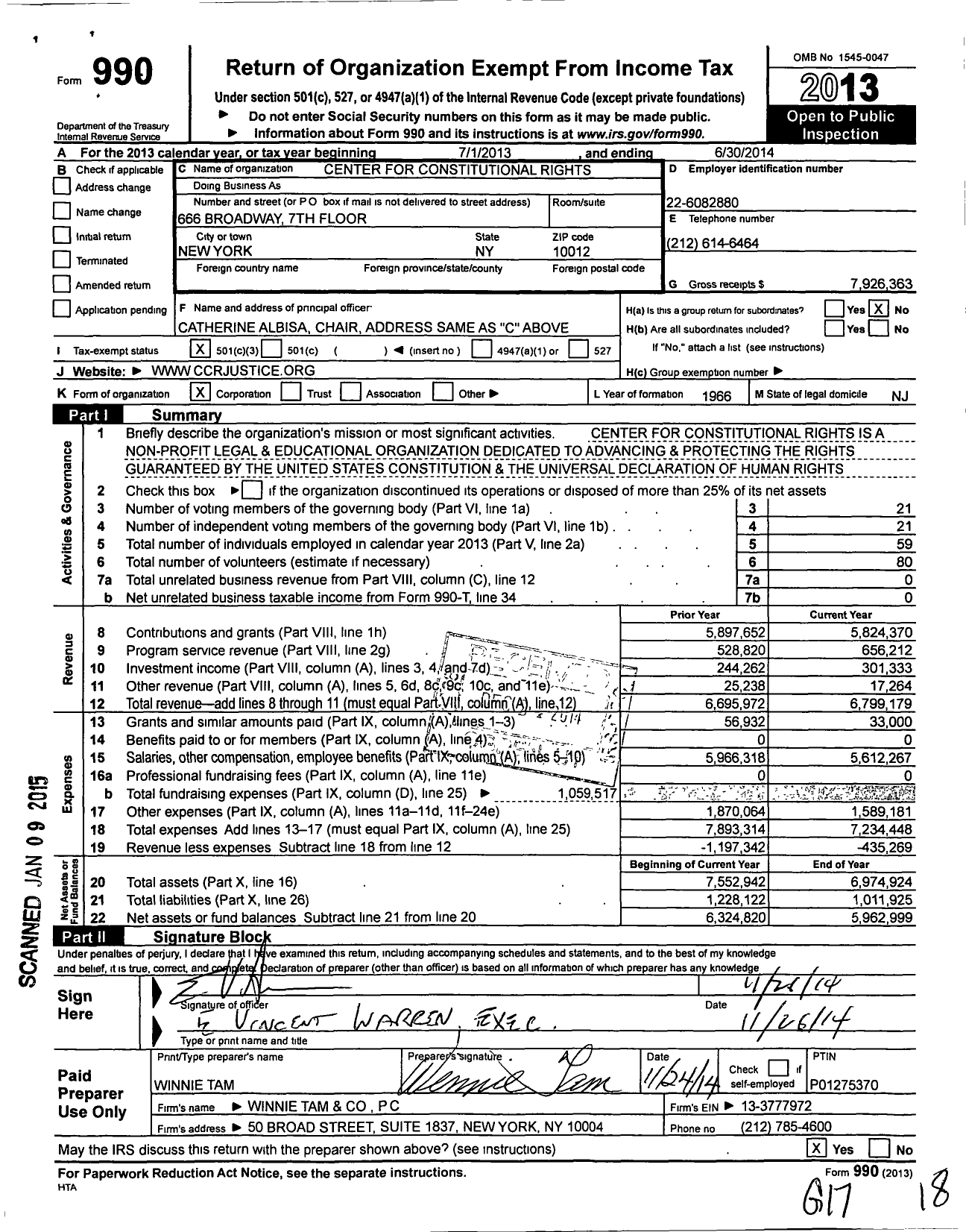 Image of first page of 2013 Form 990 for Center for Constitutional Rights