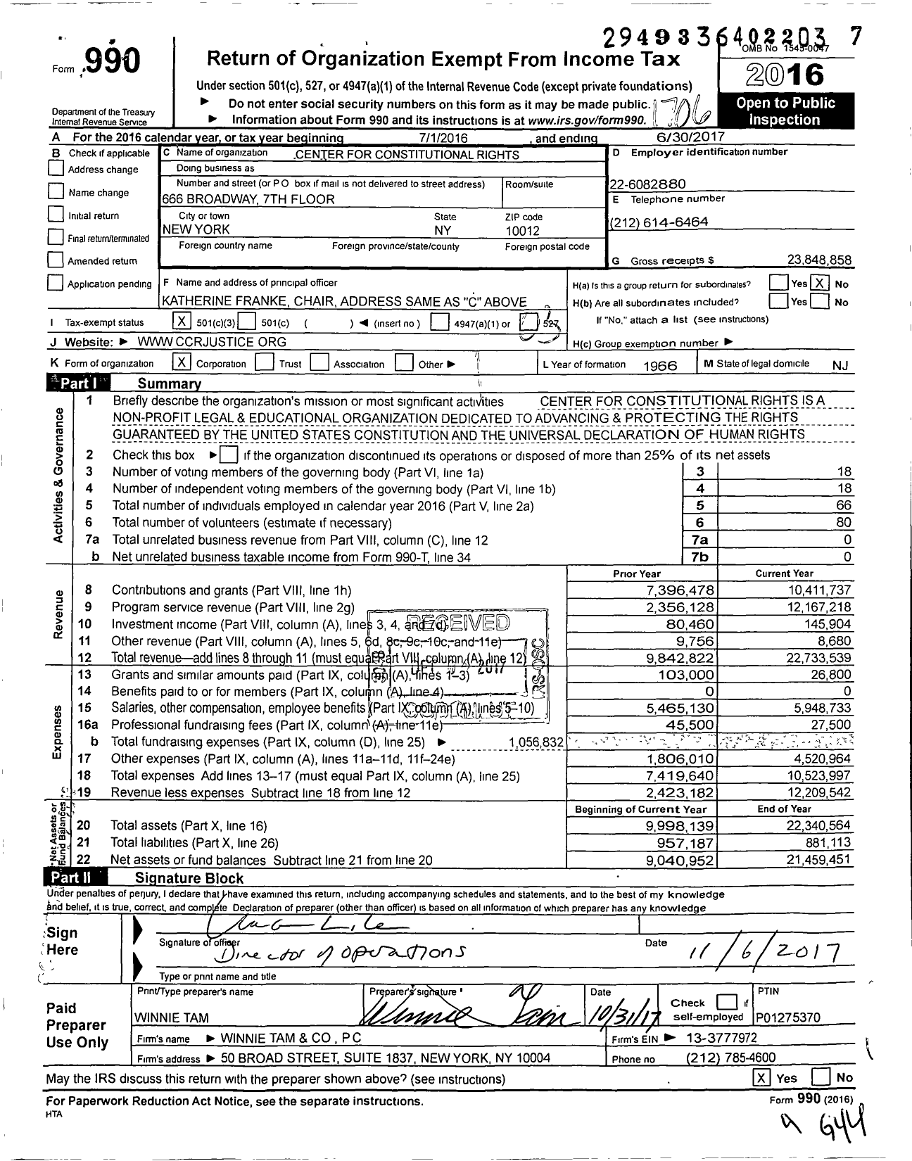 Image of first page of 2016 Form 990 for Center for Constitutional Rights