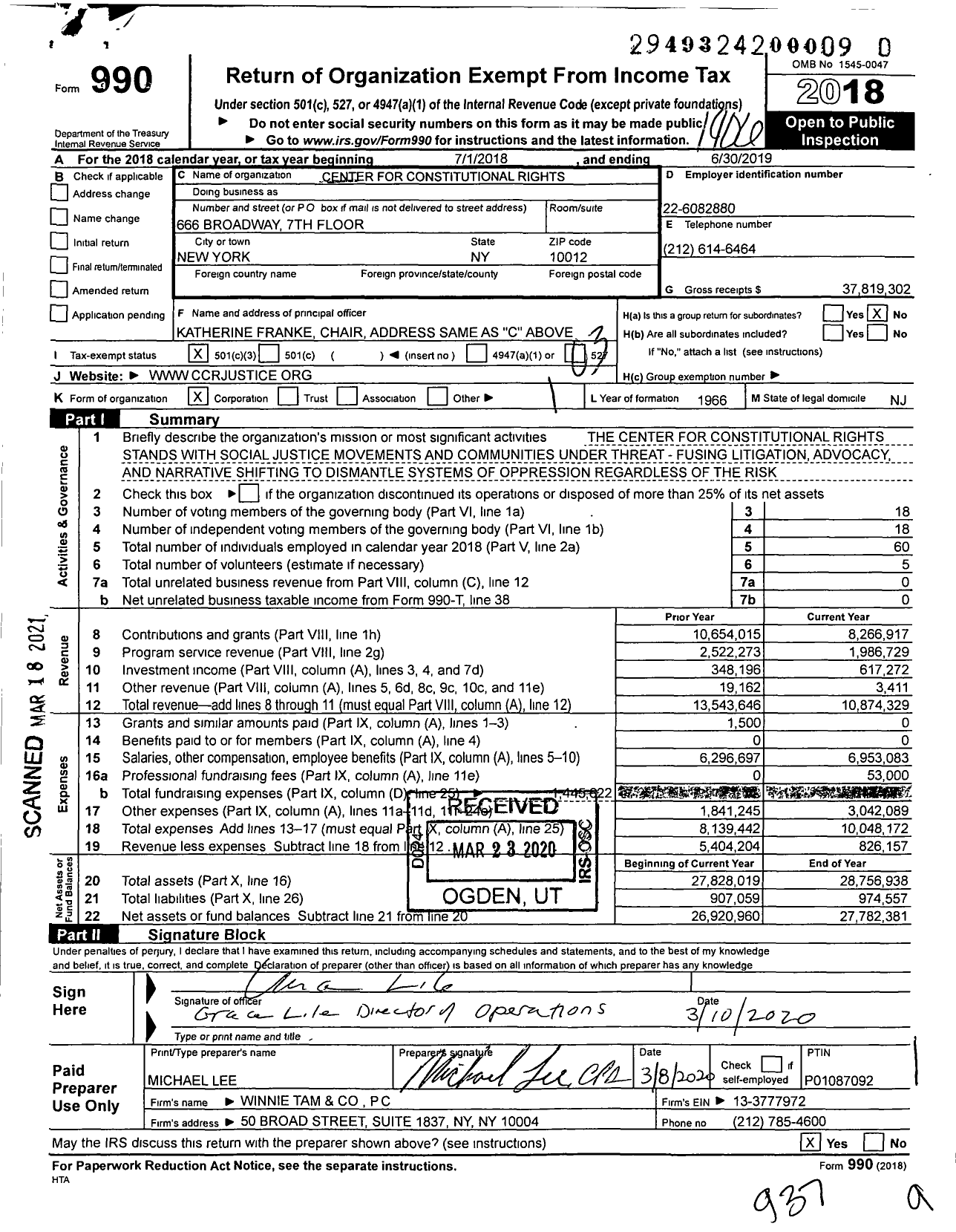 Image of first page of 2018 Form 990 for Center for Constitutional Rights