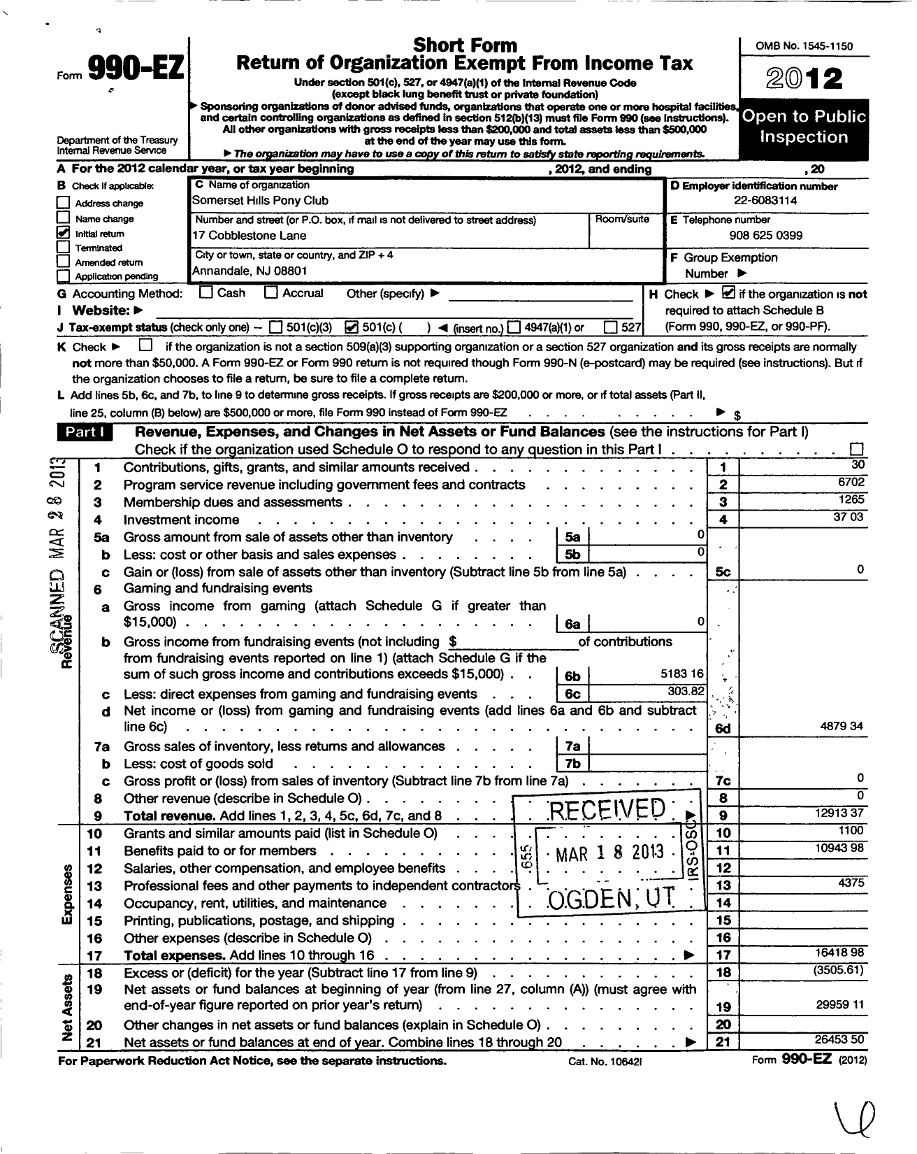 Image of first page of 2012 Form 990EO for The United States Pony Clubs / Somerset Hills Pony Club