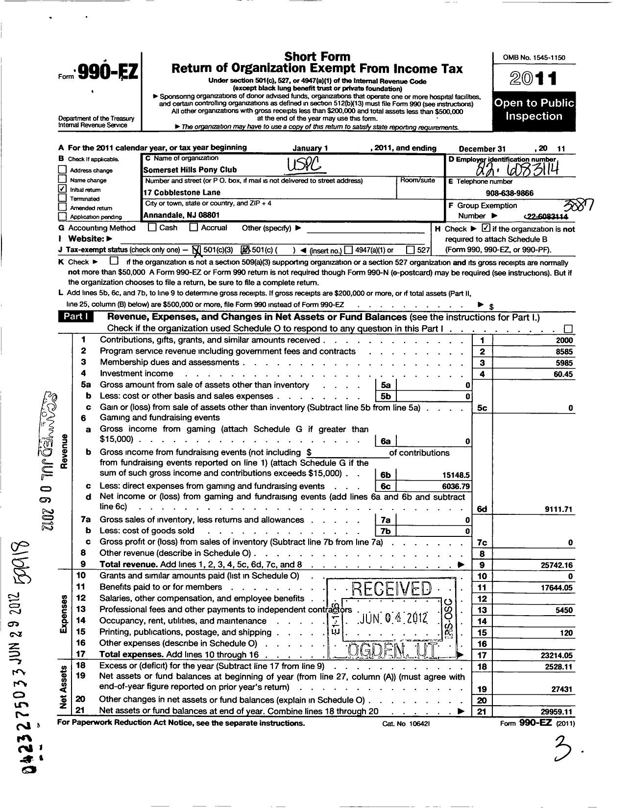 Image of first page of 2011 Form 990EZ for The United States Pony Clubs / Somerset Hills Pony Club