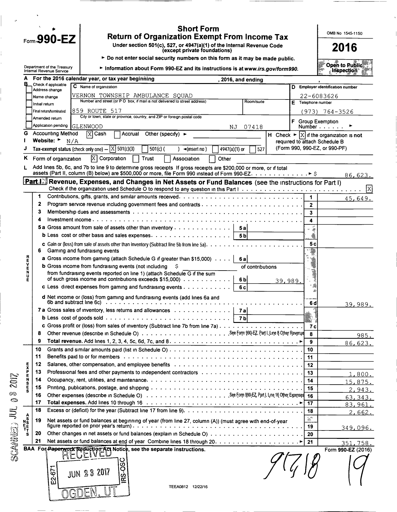 Image of first page of 2016 Form 990EZ for Vernon Township Ambulance Squad