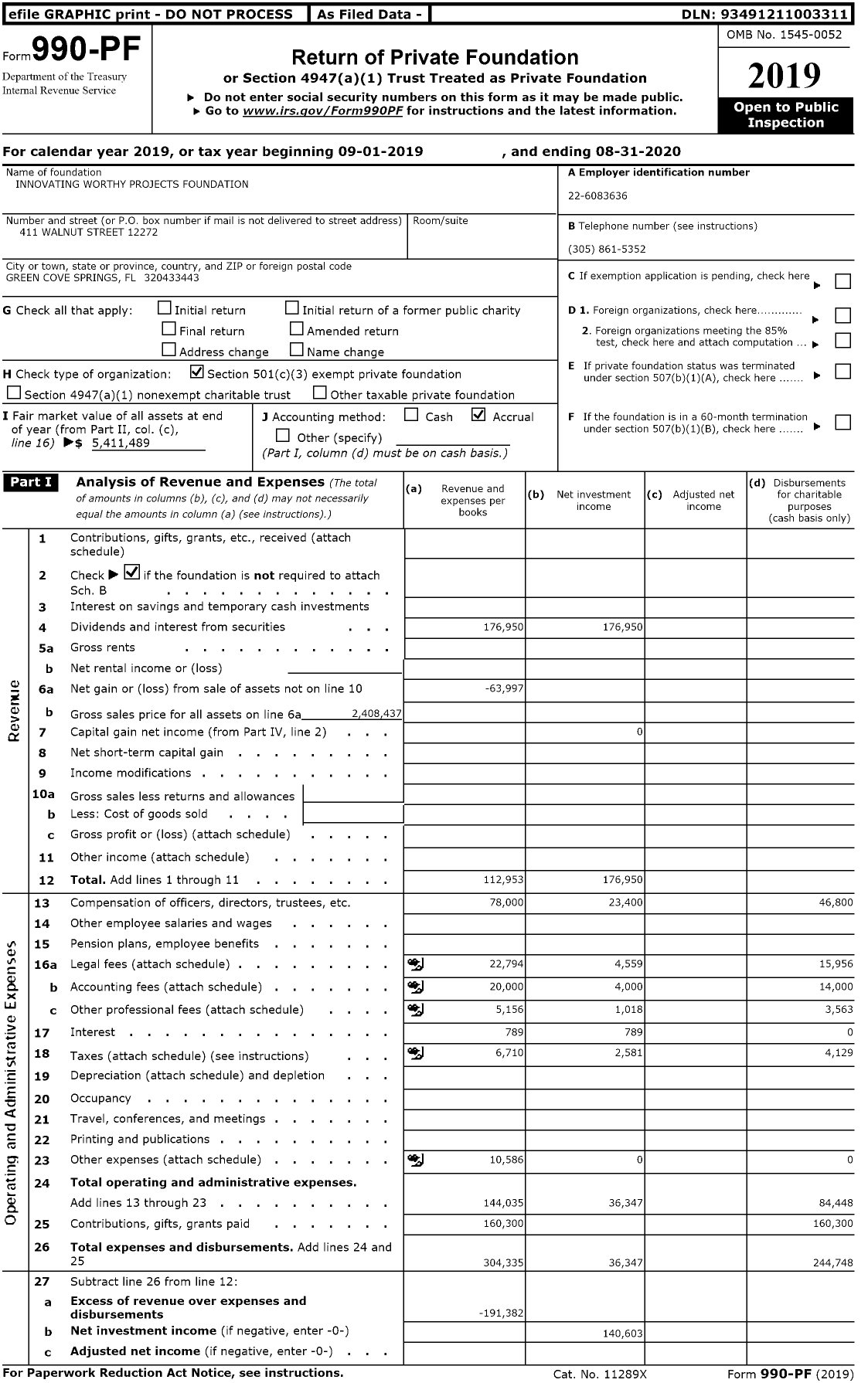 Image of first page of 2019 Form 990PF for Innovating Worthy Projects Foundation