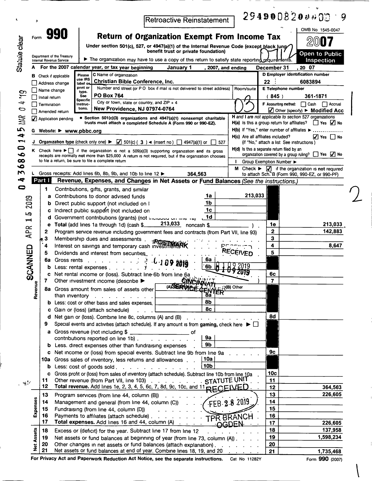 Image of first page of 2007 Form 990 for Christian Bible Conference