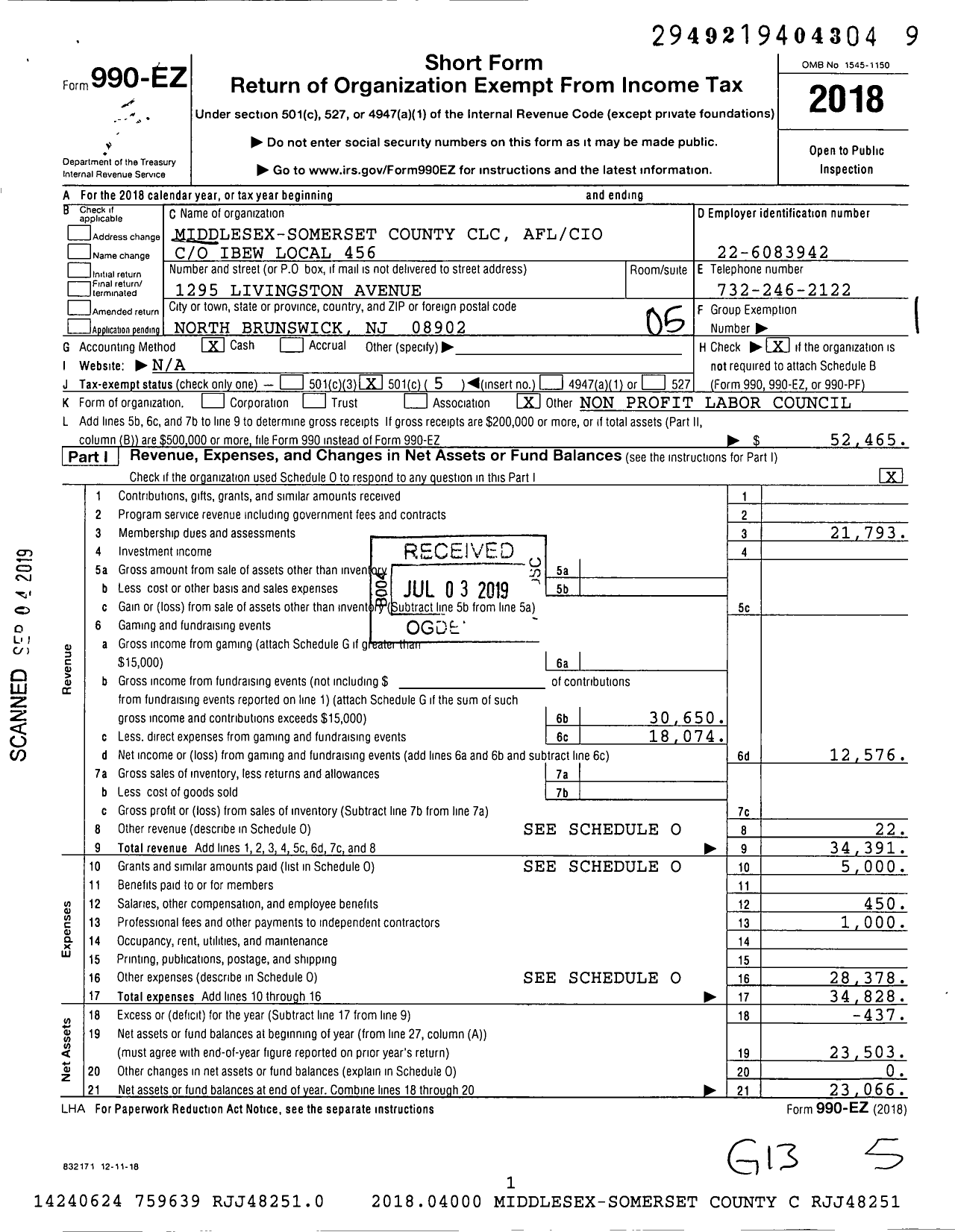 Image of first page of 2018 Form 990EO for AFL-CIO - Middlesex-Somerset County CLC