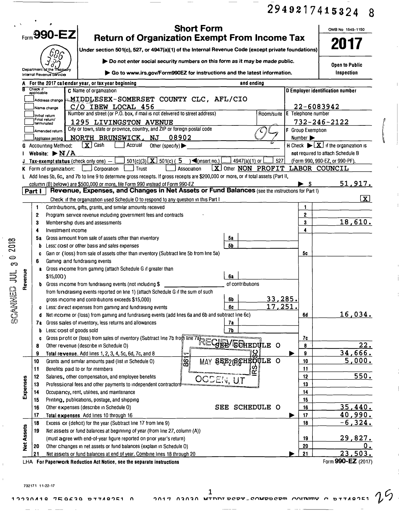 Image of first page of 2017 Form 990EO for AFL-CIO - Middlesex-Somerset County CLC