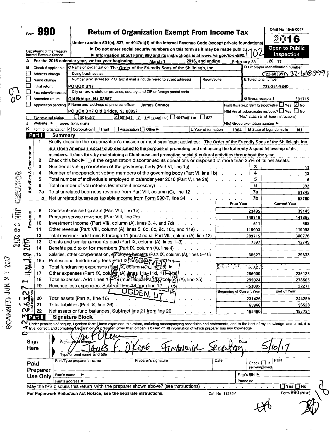 Image of first page of 2016 Form 990O for The Order of the Friendly Sons of the Shillelagh