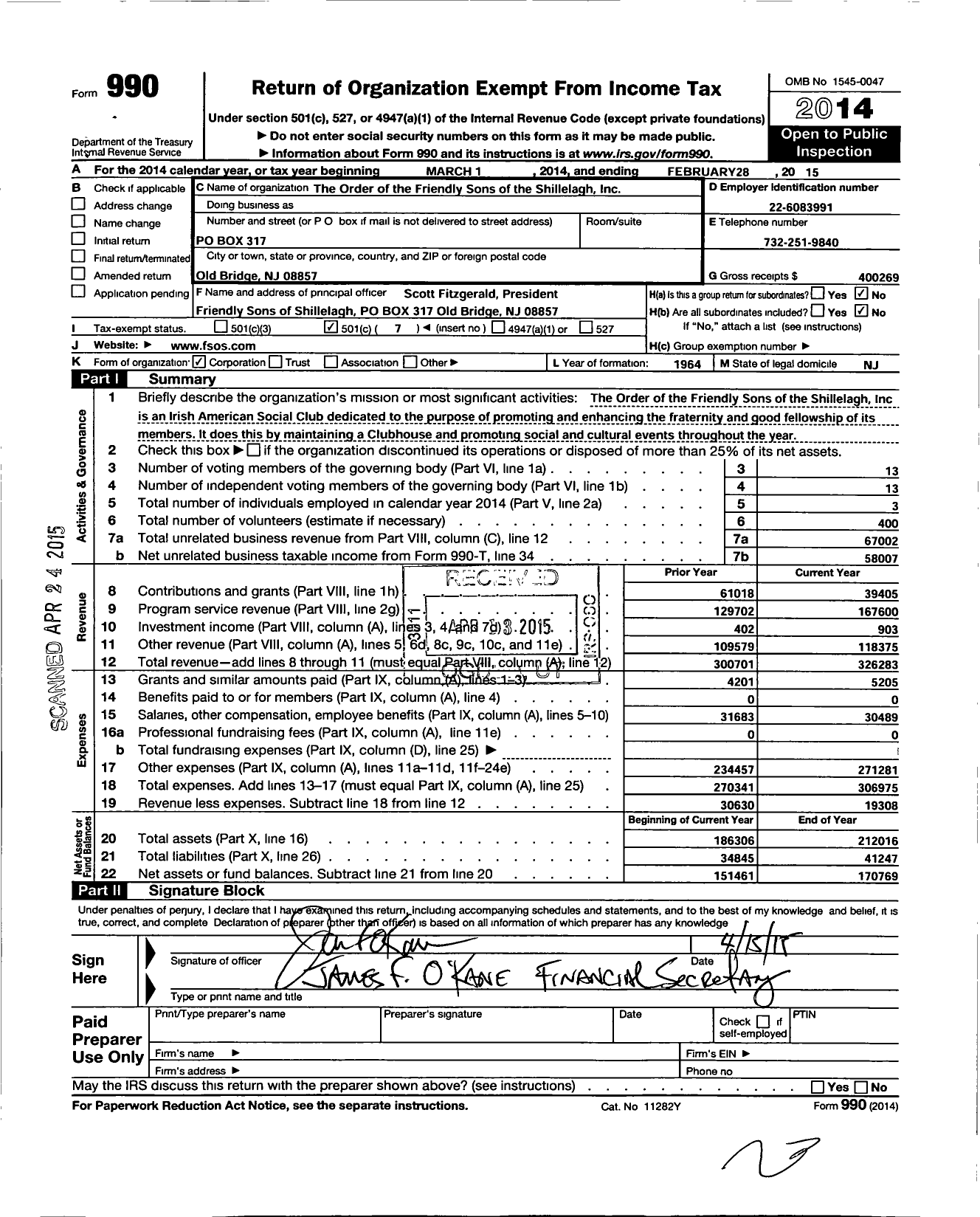 Image of first page of 2014 Form 990O for The Order of the Friendly Sons of the Shillelagh