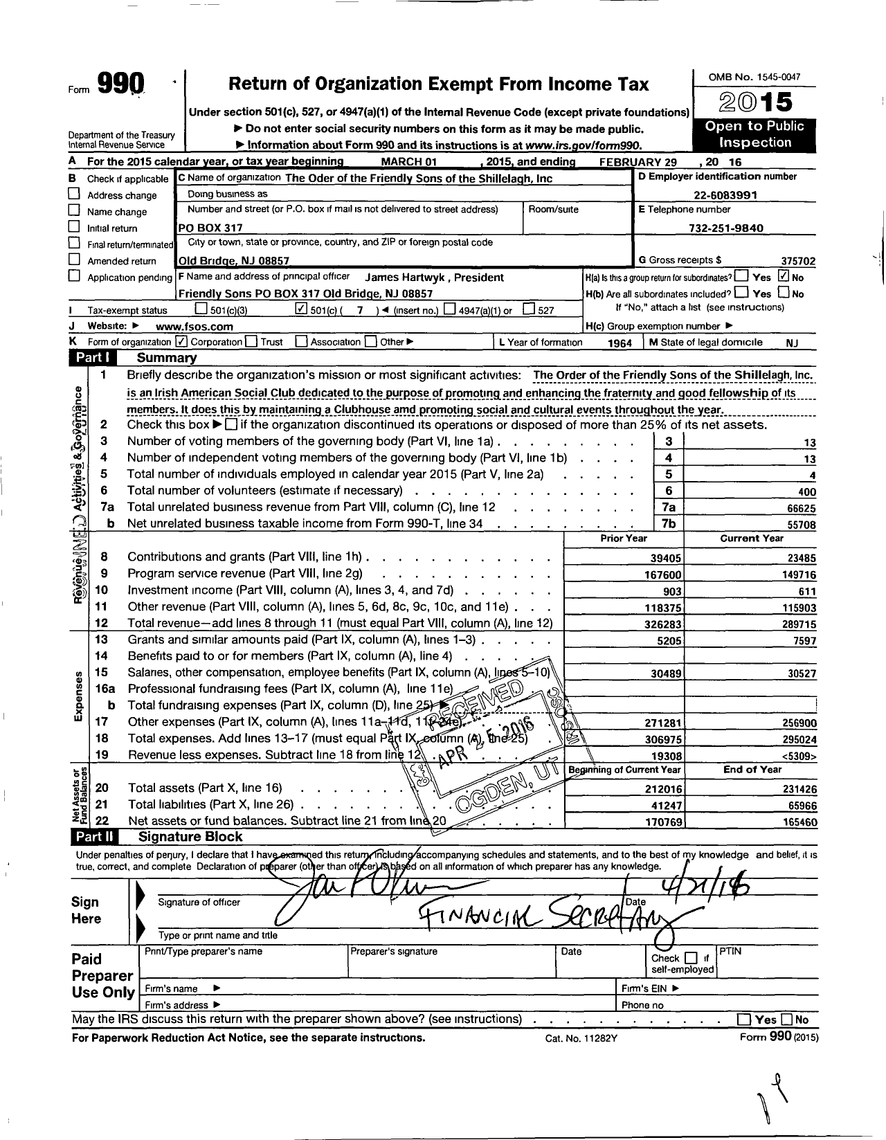 Image of first page of 2015 Form 990O for The Order of the Friendly Sons of the Shillelagh