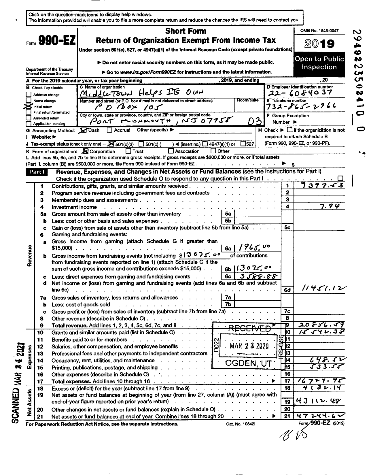 Image of first page of 2019 Form 990EZ for Middletown Helps Its Own