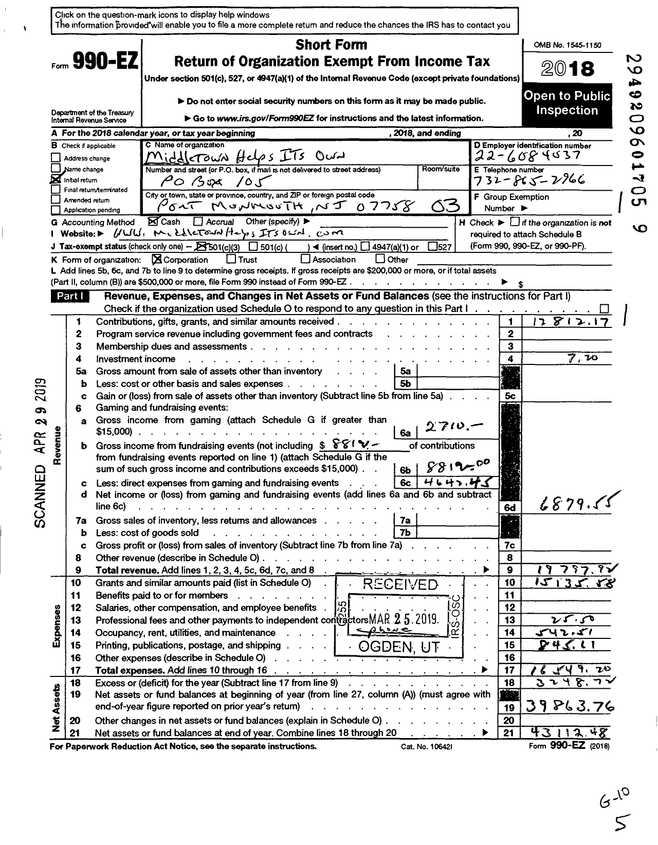 Image of first page of 2018 Form 990EZ for Middletown Helps Its Own