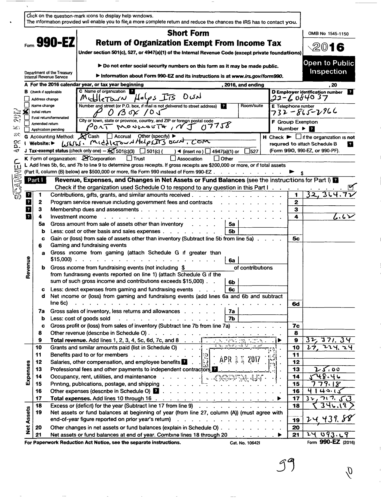 Image of first page of 2016 Form 990EZ for Middletown Helps Its Own