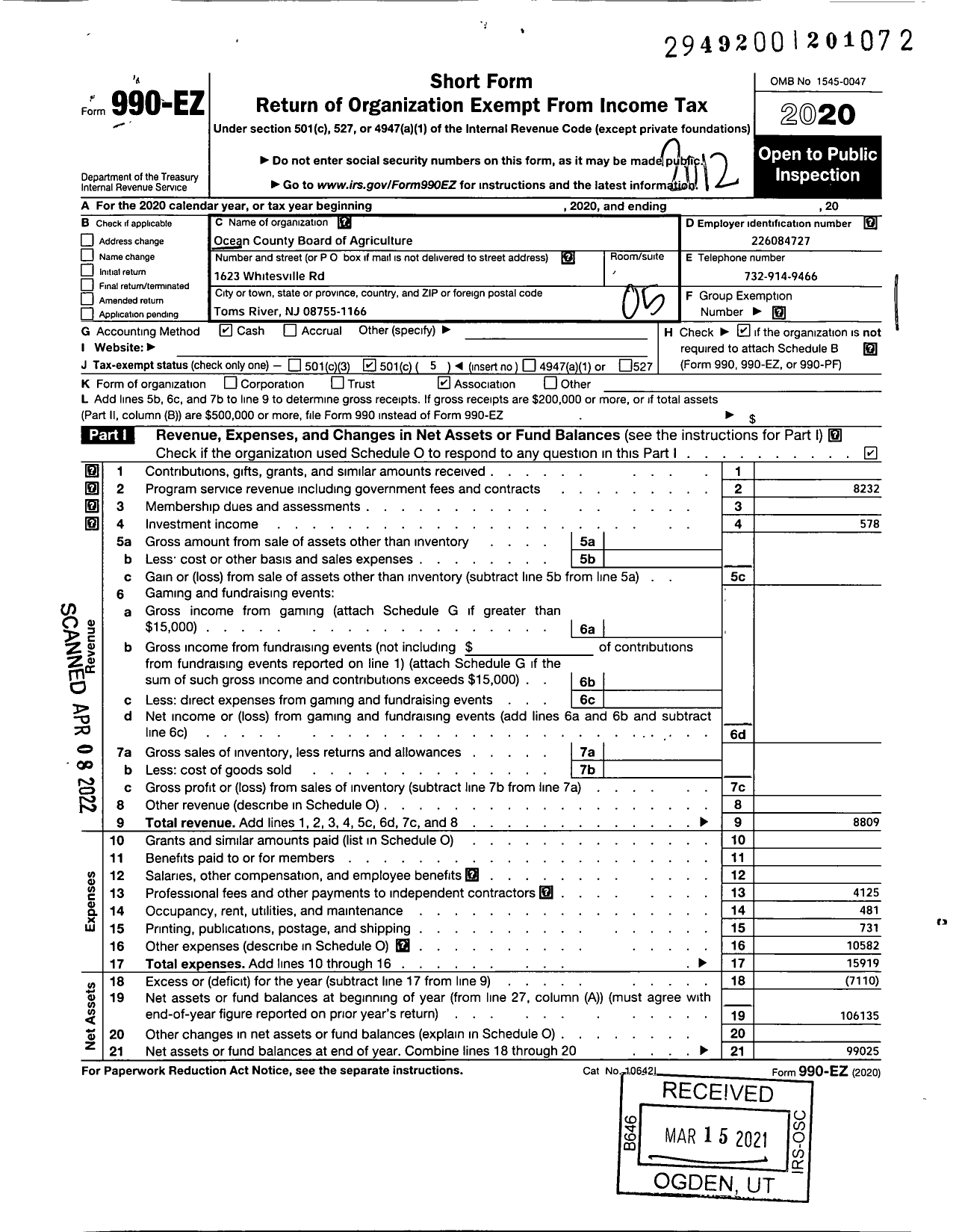 Image of first page of 2020 Form 990EO for Ocean County Board of Agriculture