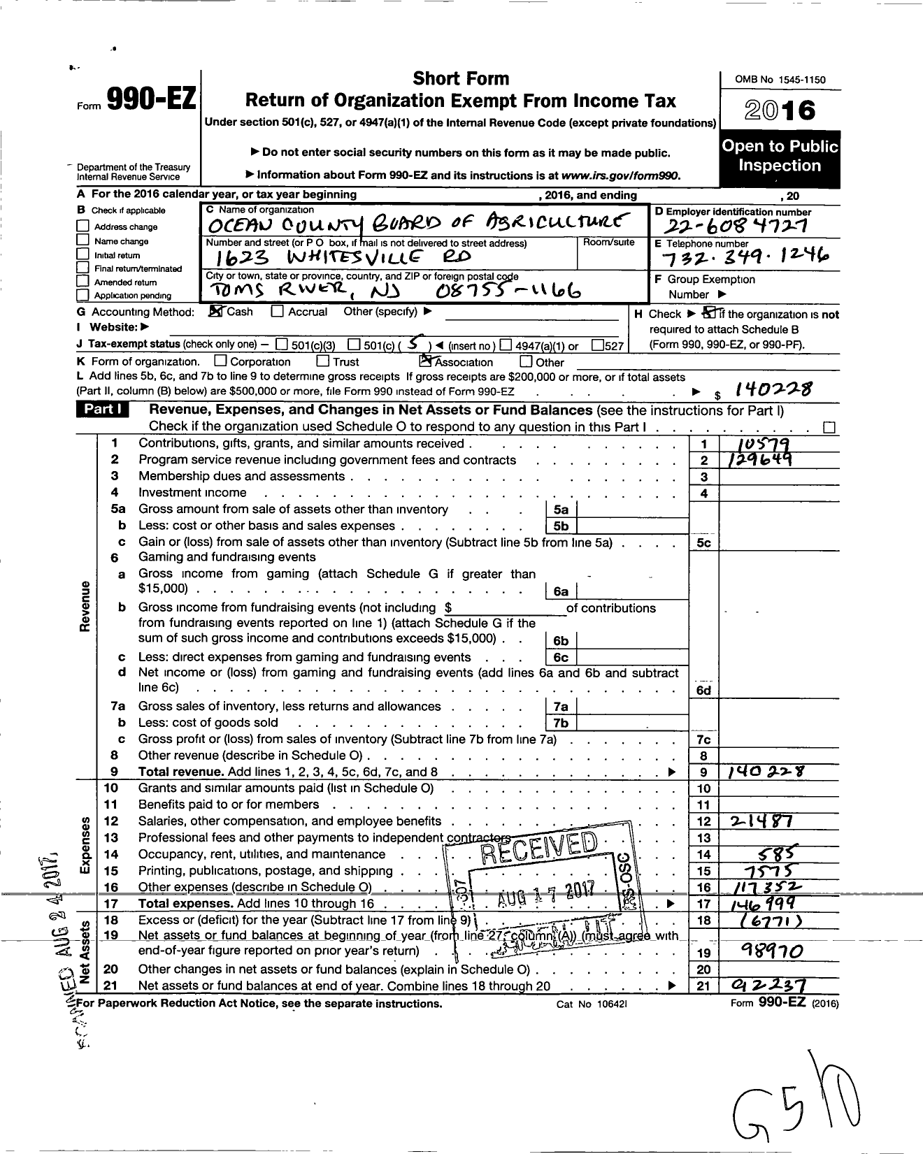 Image of first page of 2016 Form 990EO for Ocean County Board of Agriculture