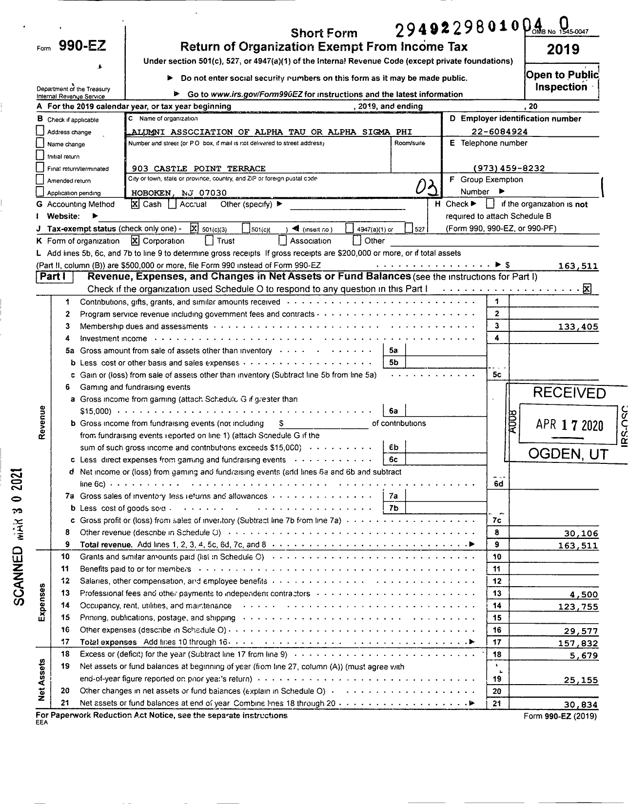 Image of first page of 2019 Form 990EZ for Alumni Association of Alpha Tau of Alpha Sigma Phi