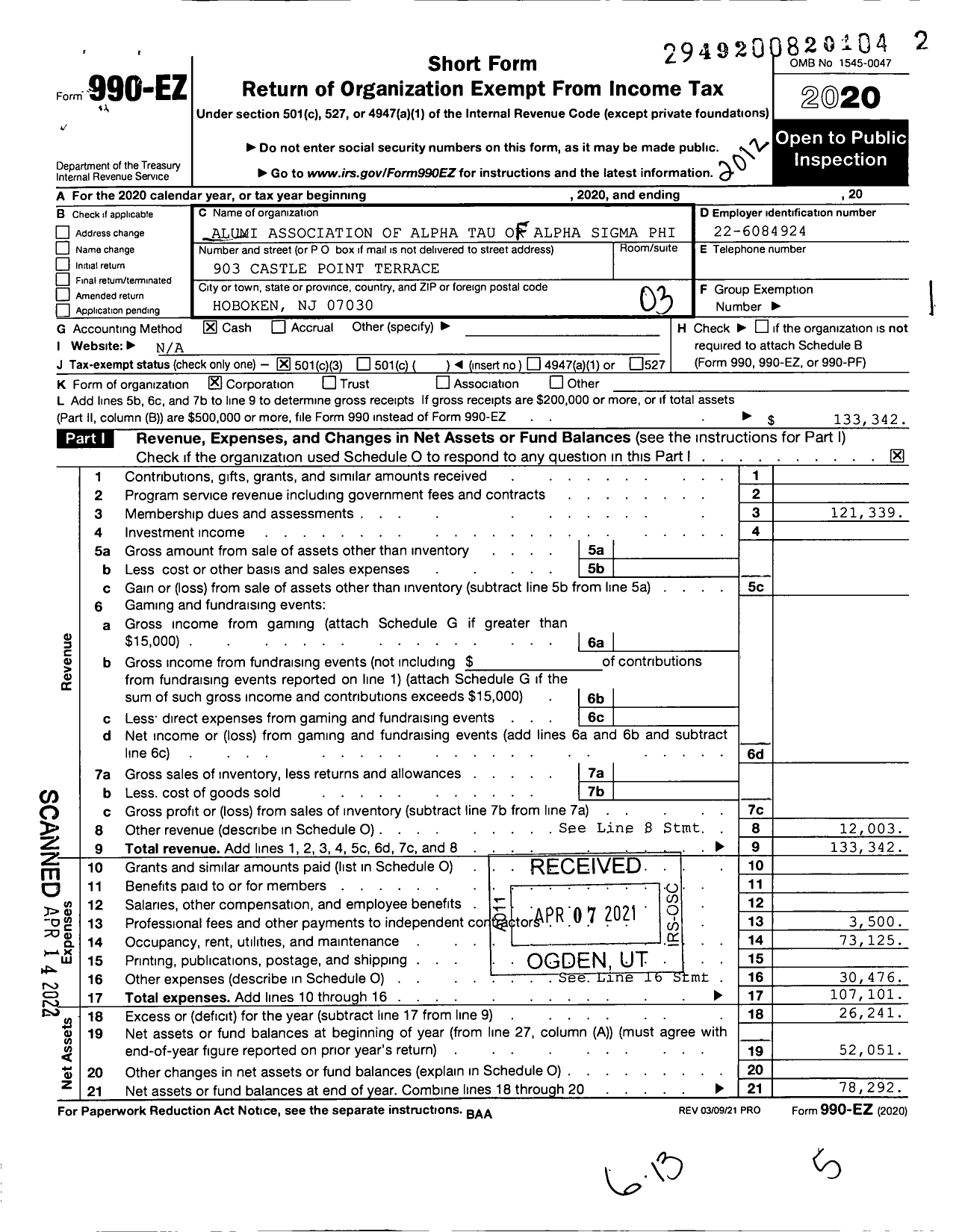 Image of first page of 2020 Form 990EZ for Alumni Association of Alpha Tau of Alpha Sigma Phi