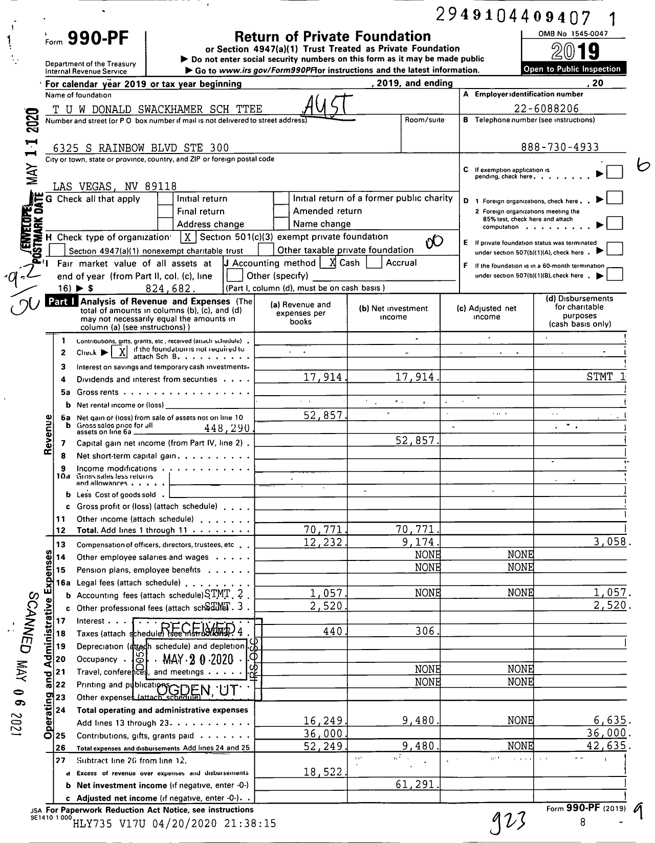 Image of first page of 2019 Form 990PF for T U W Donald Swackhamer SCH Ttee