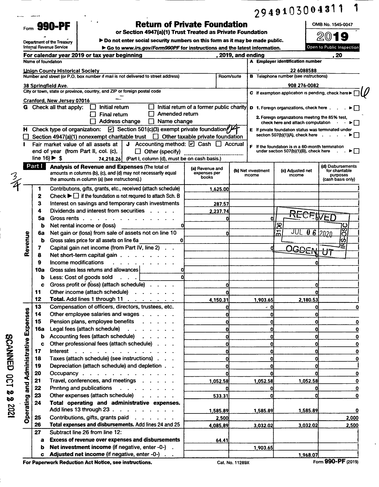 Image of first page of 2019 Form 990PF for Union County Historical Society