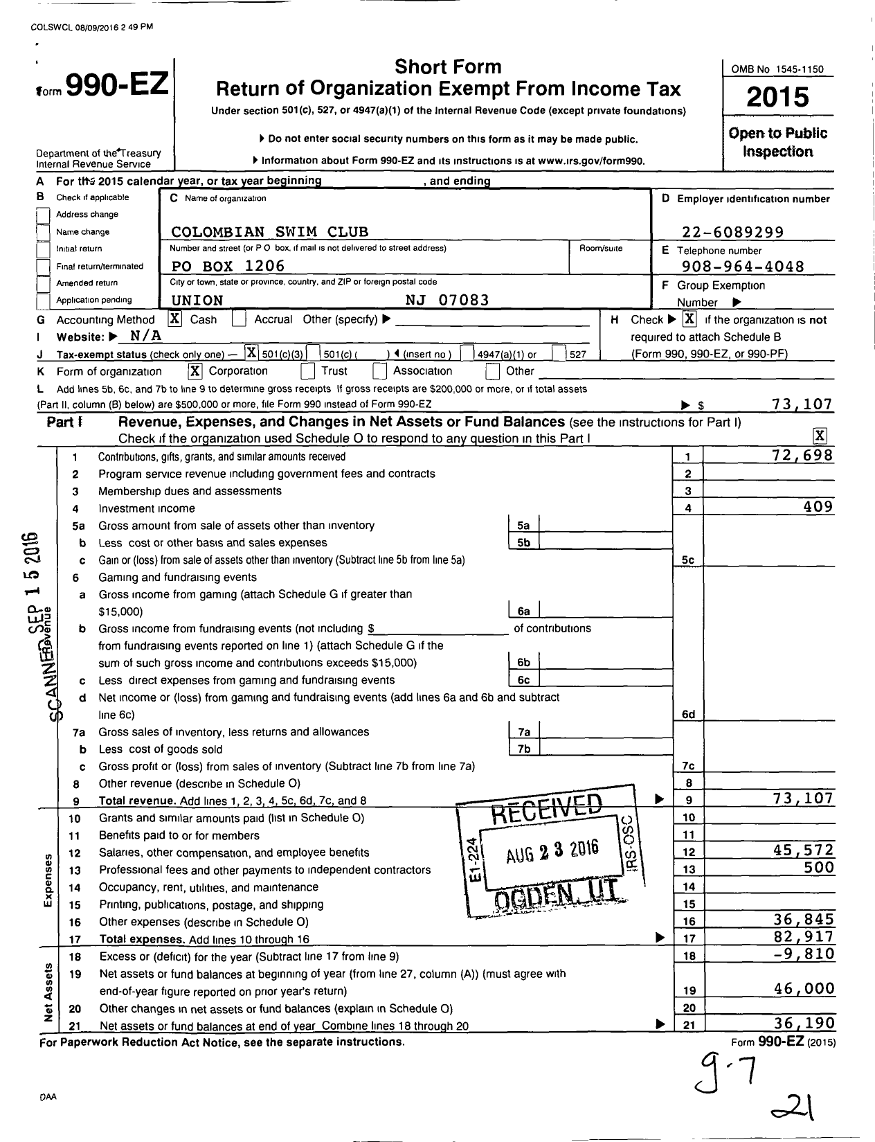 Image of first page of 2015 Form 990EZ for Columbian Swim Club