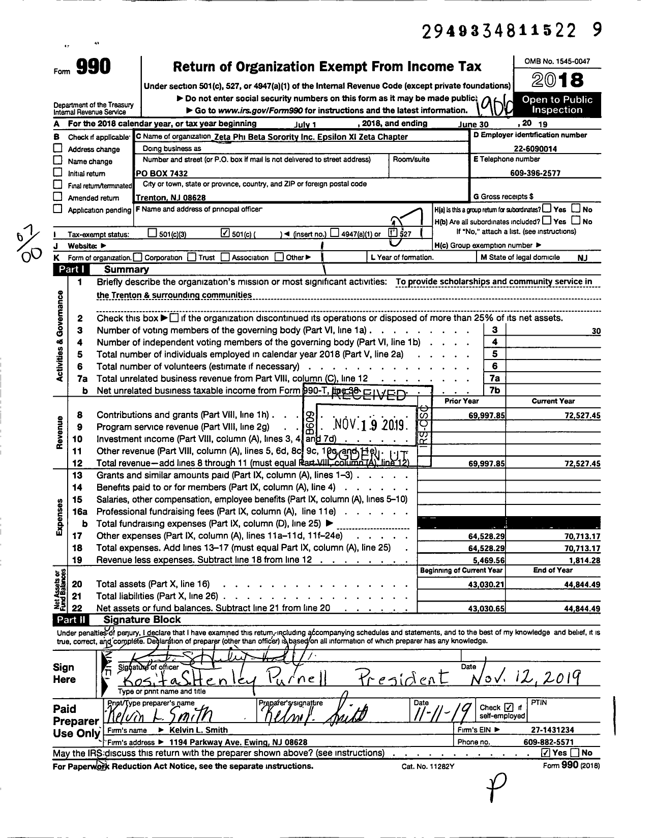 Image of first page of 2018 Form 990O for ZETA PHI BETA SORORITY INC Epsilon Xi ZETA