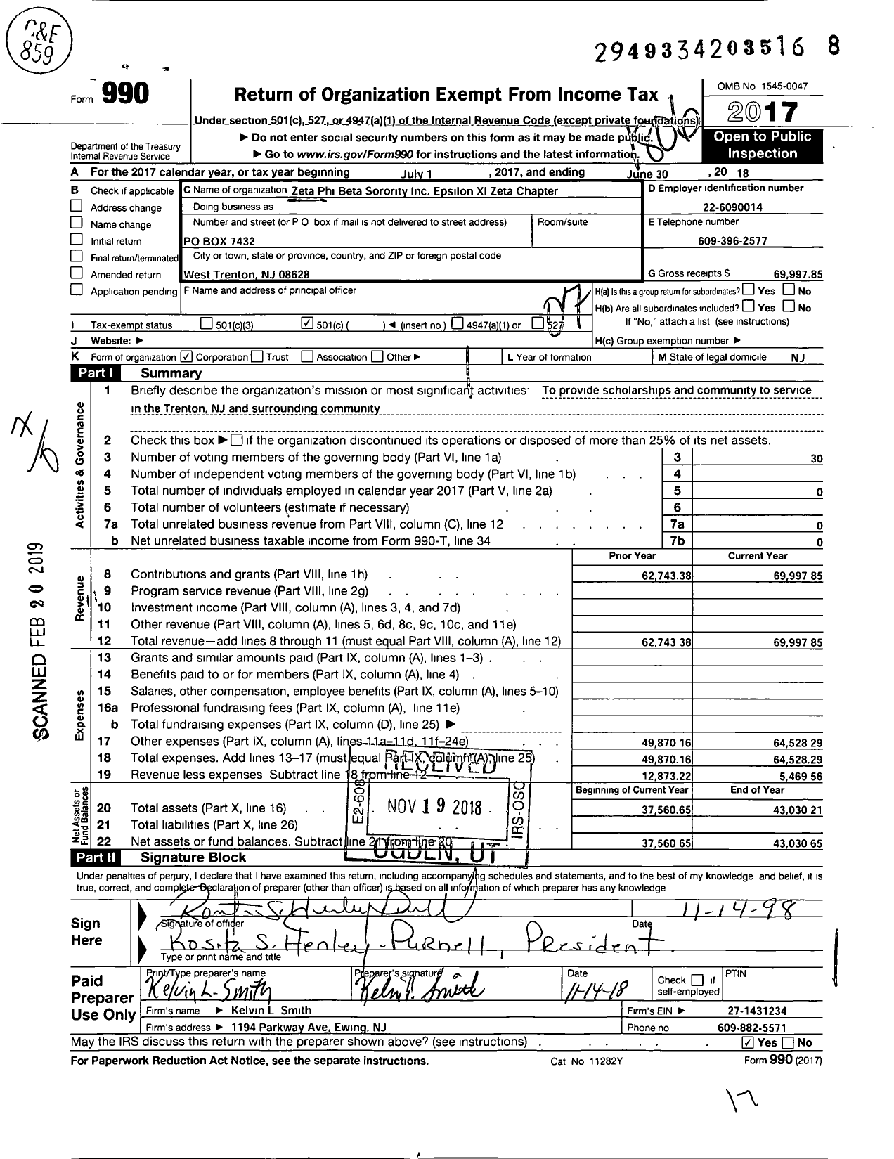 Image of first page of 2017 Form 990O for ZETA PHI BETA SORORITY INC Epsilon Xi ZETA