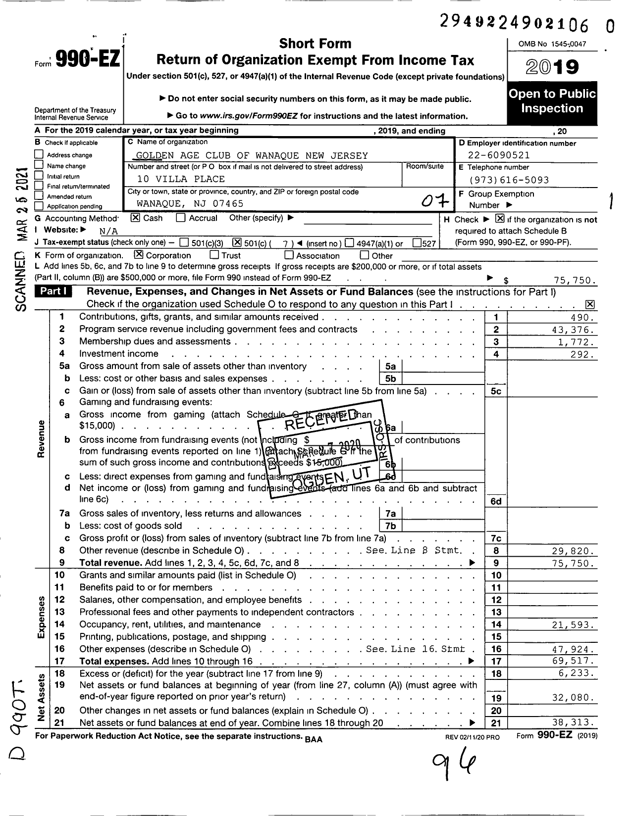 Image of first page of 2019 Form 990EO for Golden Age Club of Wanaque New Jersey