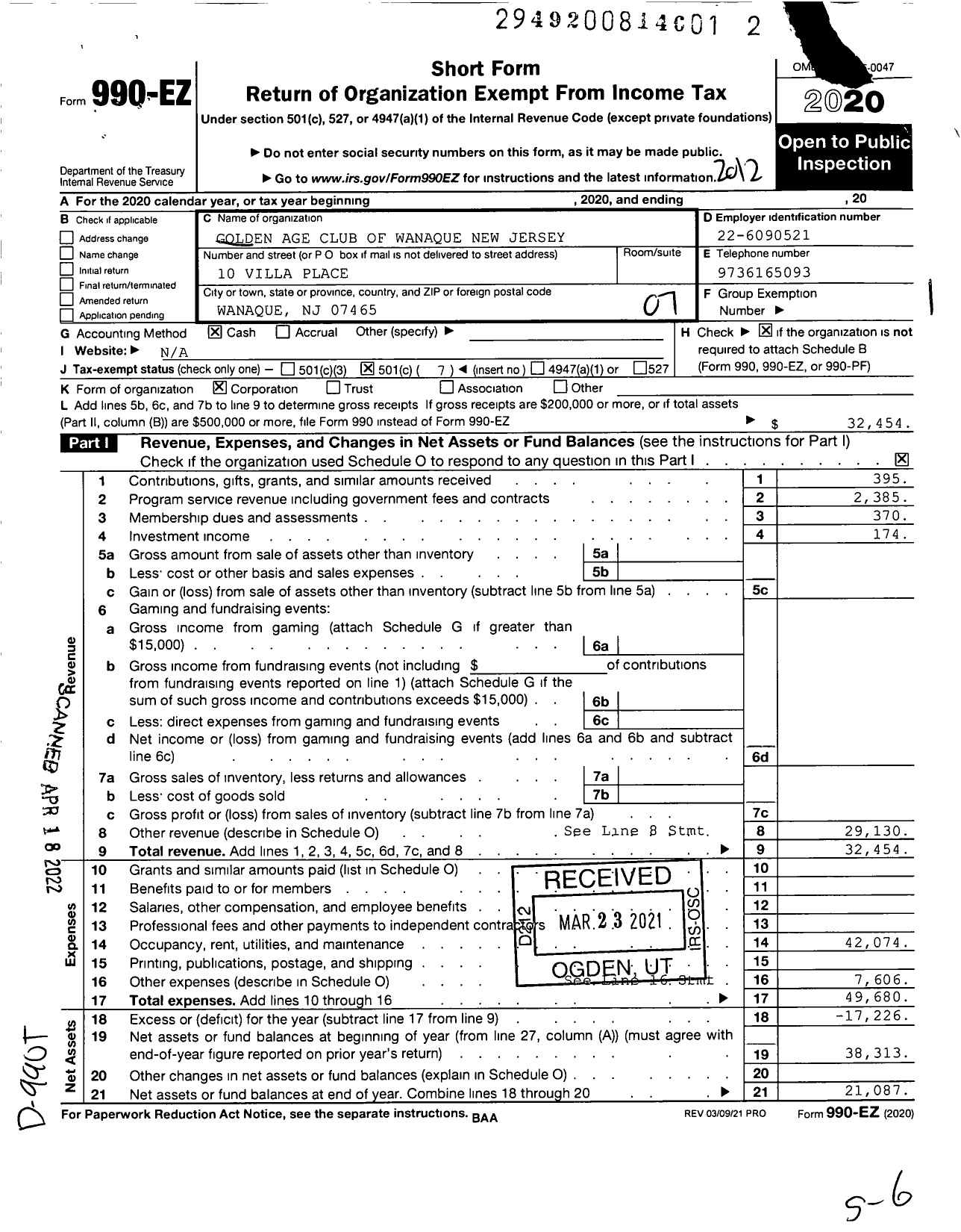 Image of first page of 2020 Form 990EO for Golden Age Club of Wanaque New Jersey