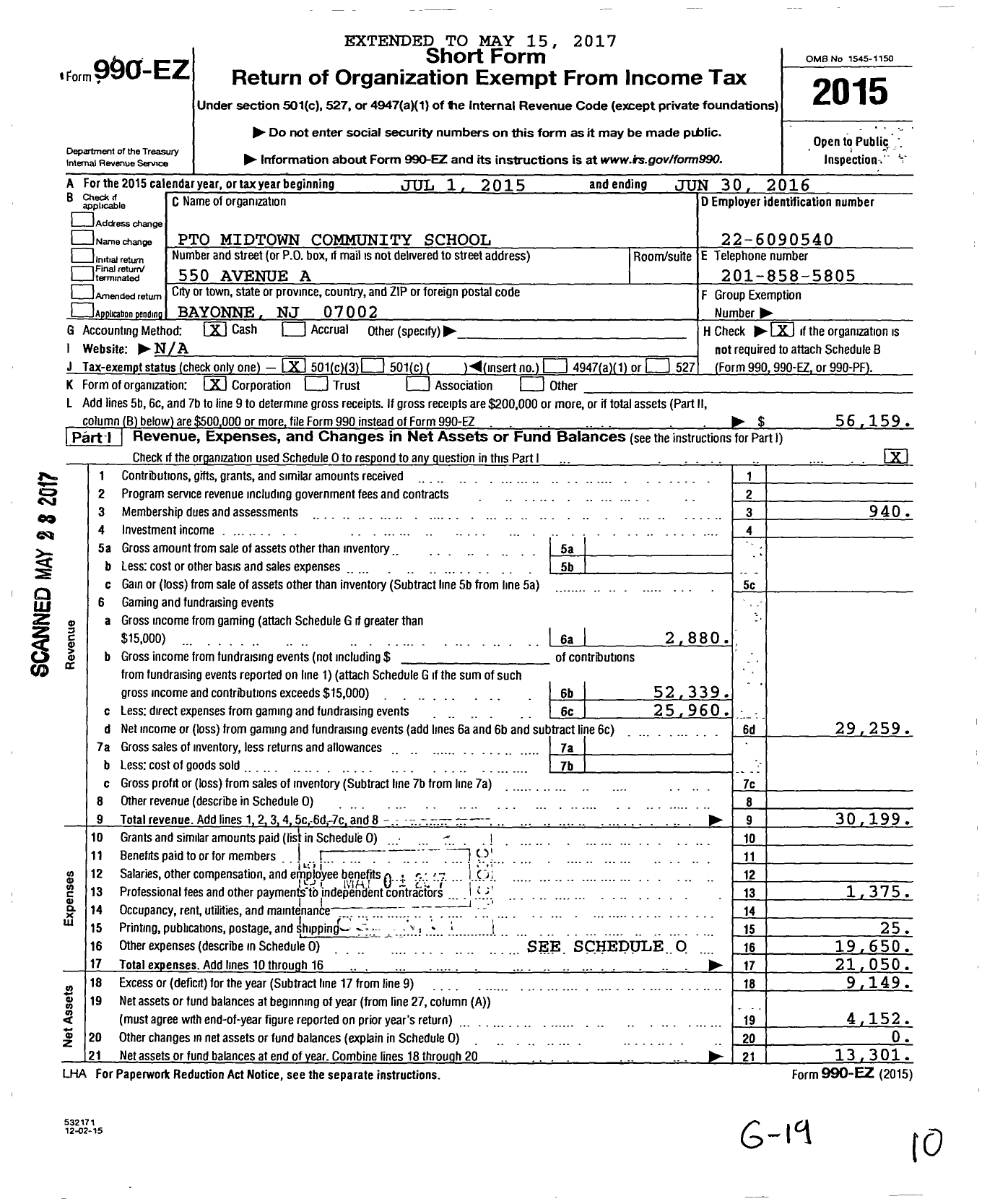 Image of first page of 2015 Form 990EZ for Parent Teacher Organization of the SA Roberson Pub