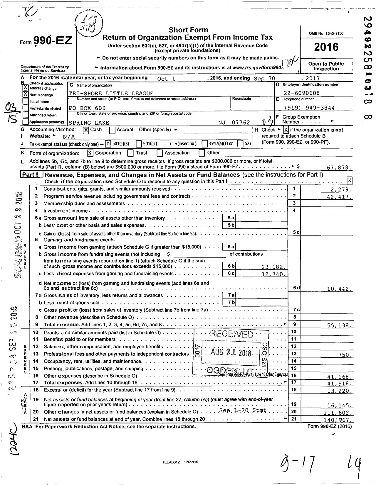 Image of first page of 2016 Form 990EZ for Little League Baseball - 2301122 Tri-Shore LL