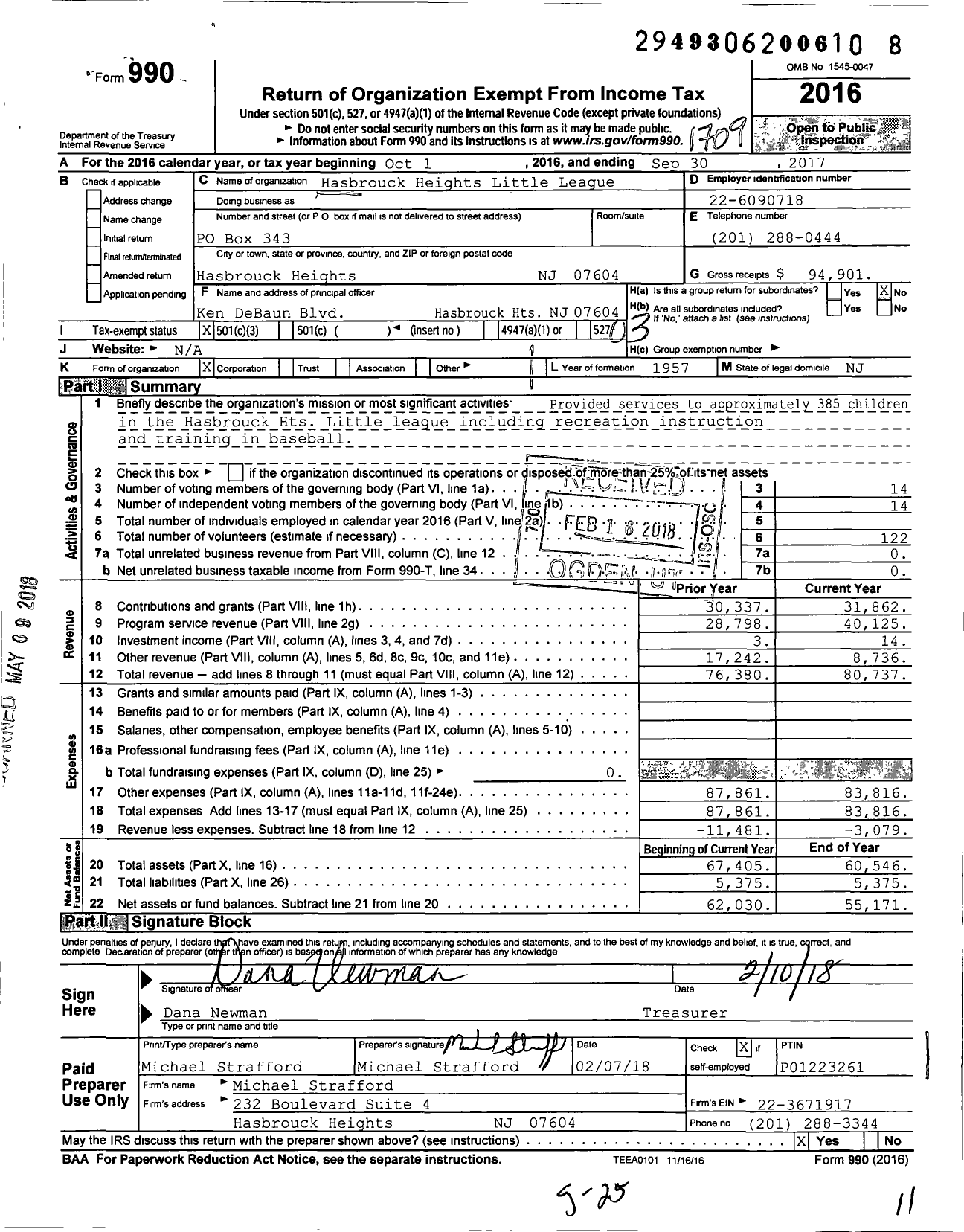 Image of first page of 2016 Form 990 for Little League Baseball - 2300505 Hasbrouck Heights LL