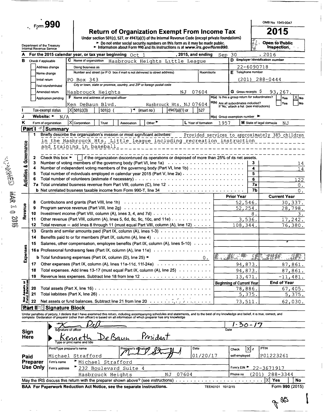 Image of first page of 2015 Form 990 for Little League Baseball - 2300505 Hasbrouck Heights LL