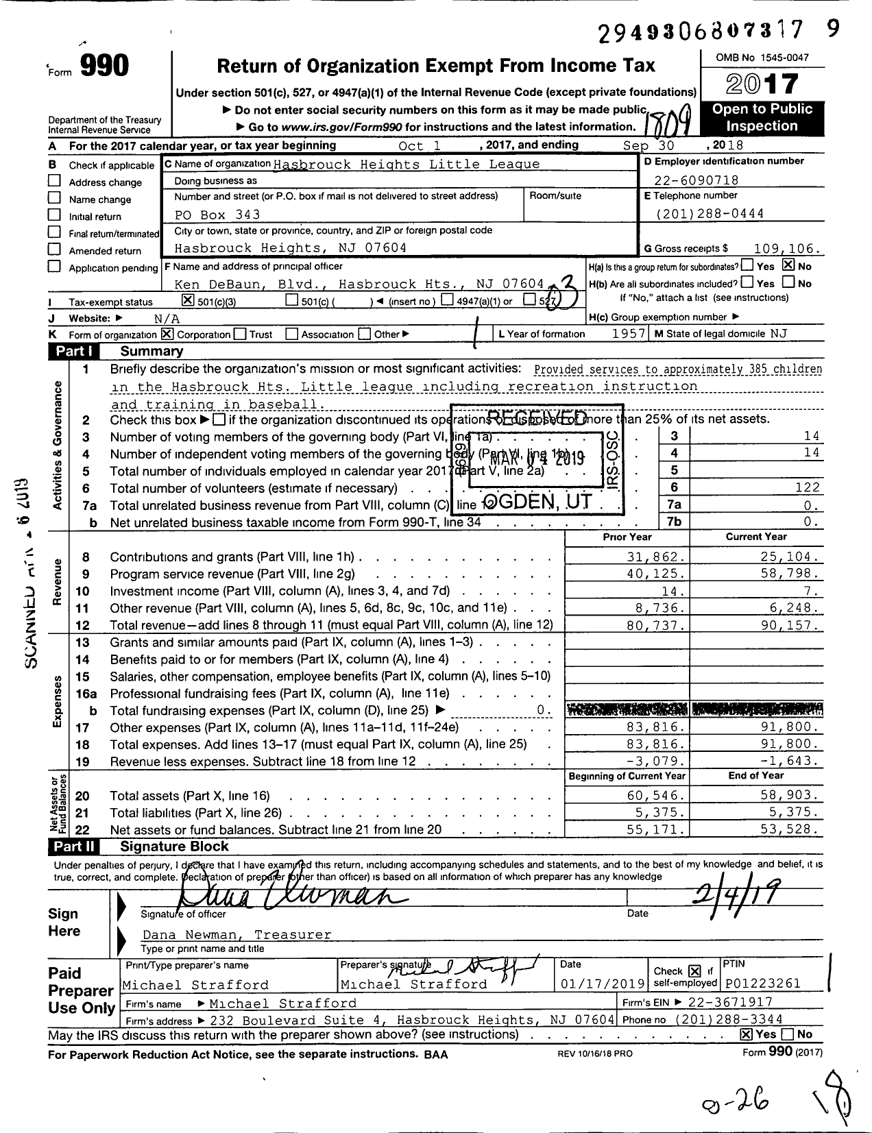 Image of first page of 2017 Form 990 for Little League Baseball - 2300505 Hasbrouck Heights LL