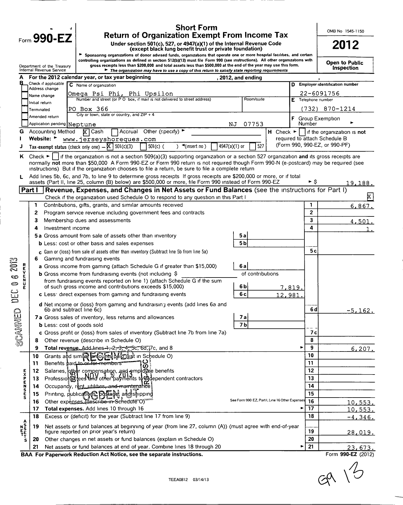 Image of first page of 2012 Form 990EZ for Phi Upsilon Omega Psi Phi Fraternity