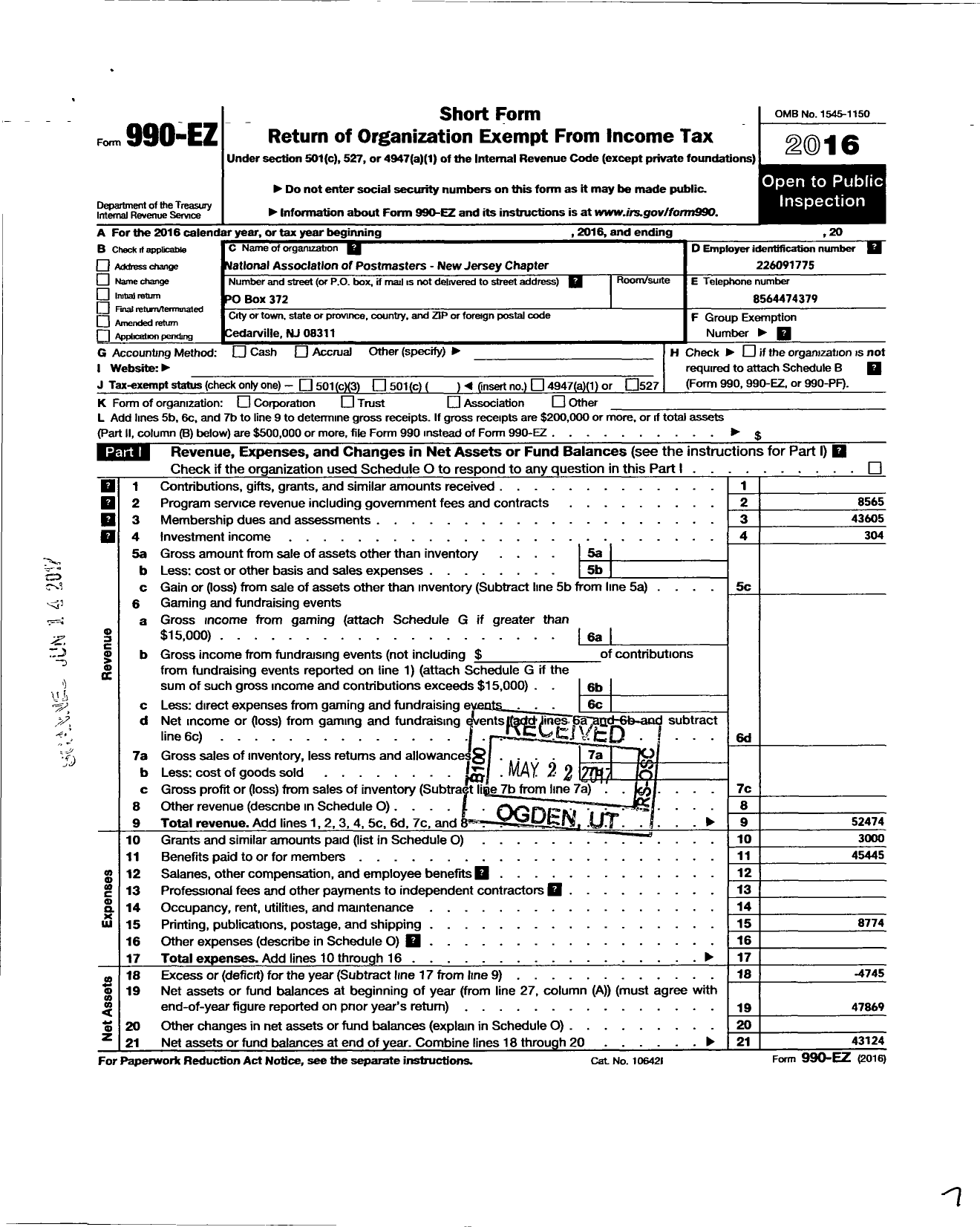 Image of first page of 2016 Form 990EO for American Postal Workers Union - 0483 Jersey City Local