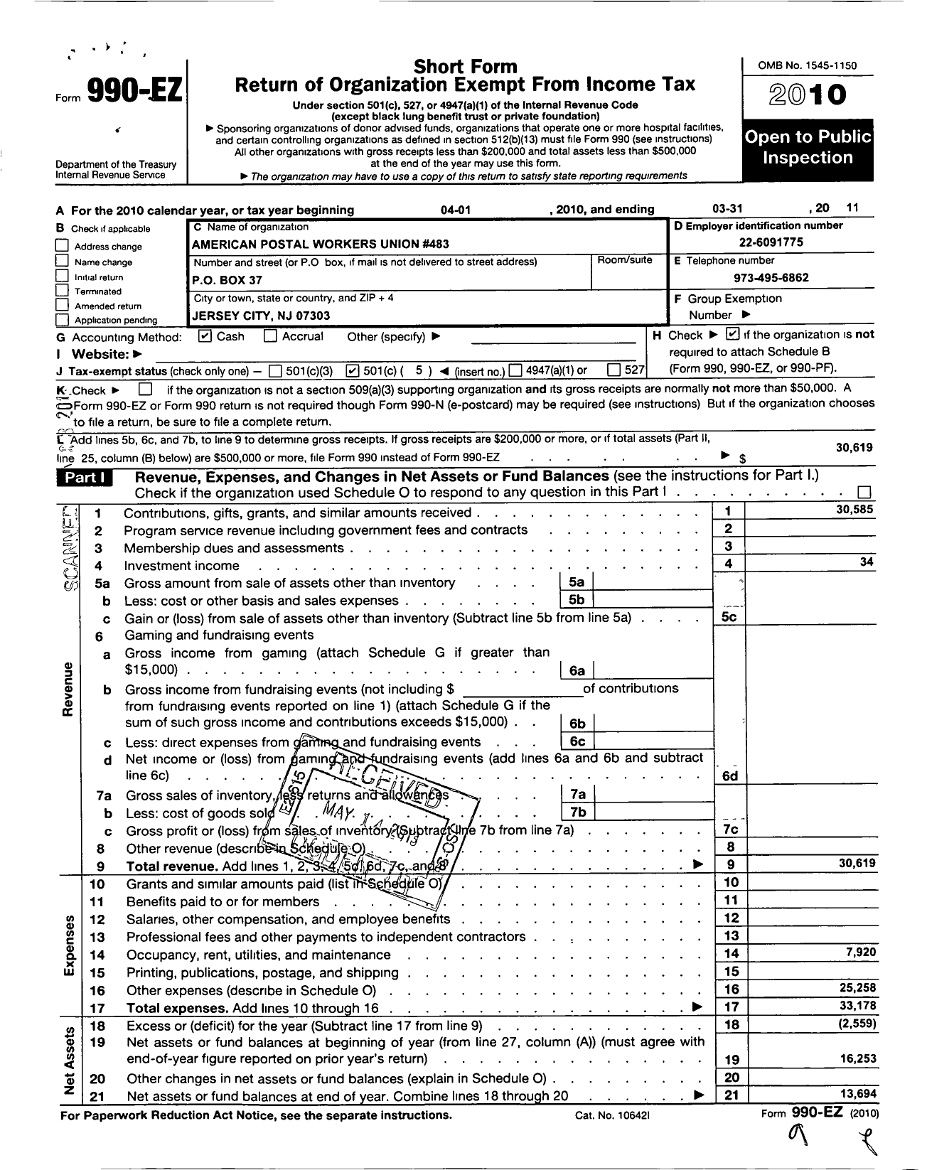 Image of first page of 2010 Form 990EO for American Postal Workers Union - 0483 Jersey City Local