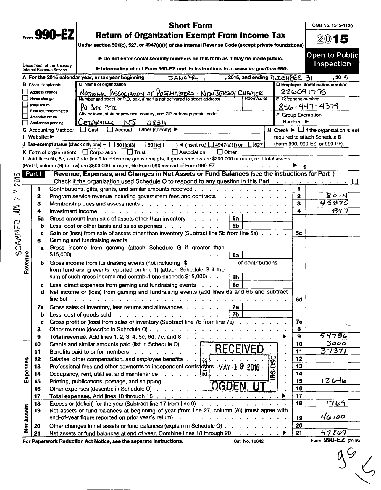 Image of first page of 2015 Form 990EO for American Postal Workers Union - 0483 Jersey City Local