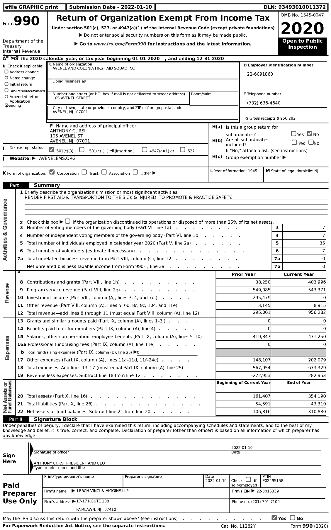 Image of first page of 2020 Form 990 for Avenel Colonia First Aid Squad (ACFAS)