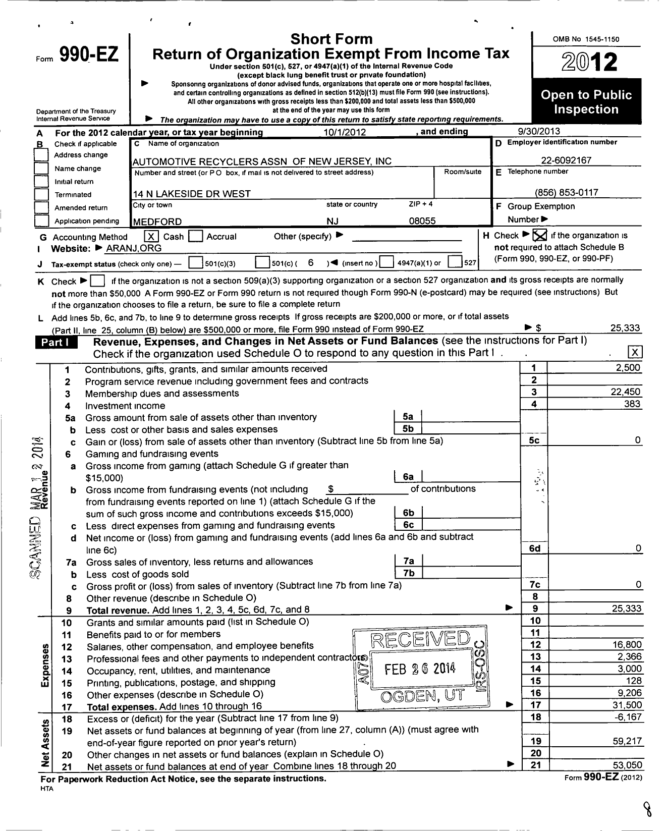Image of first page of 2012 Form 990EO for Automotive Recyclers Association of New Jersey