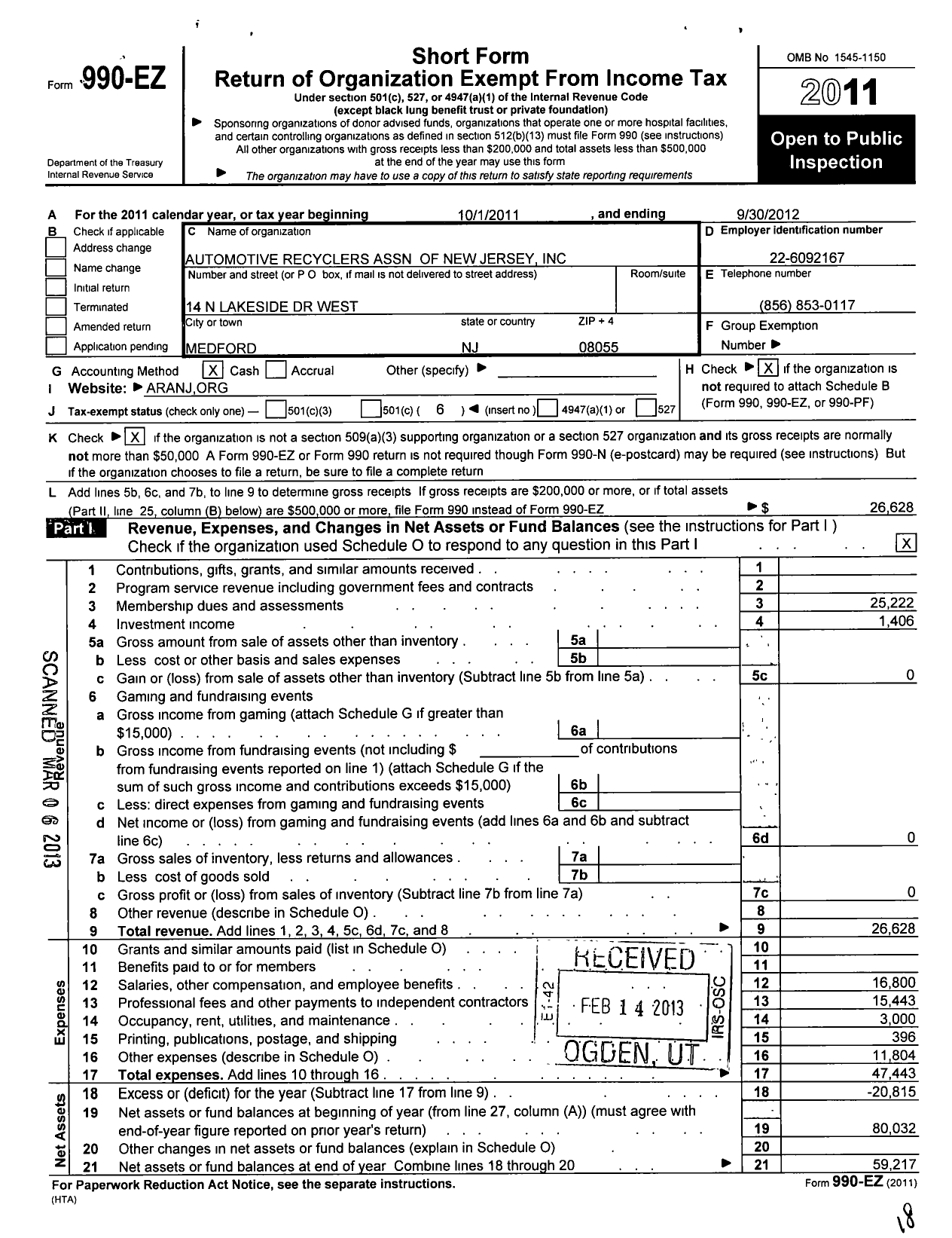 Image of first page of 2011 Form 990EO for Automotive Recyclers Association of New Jersey