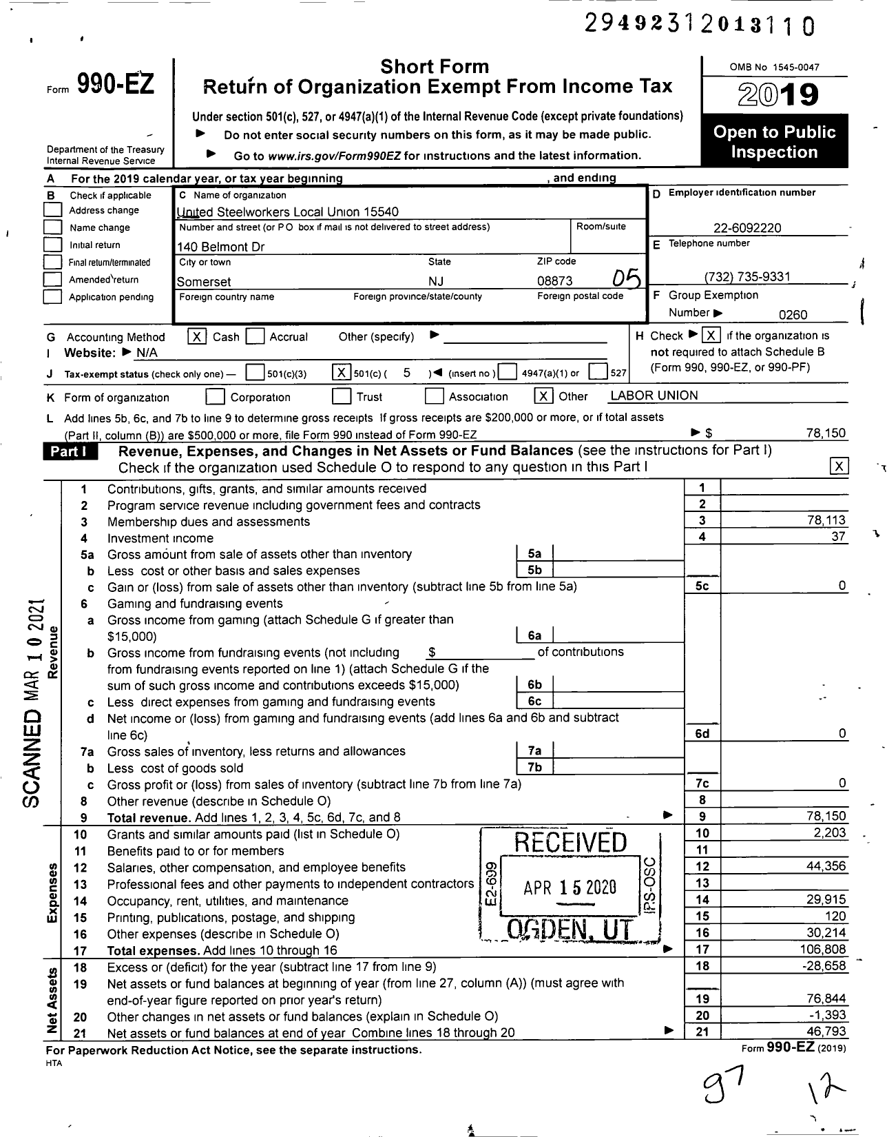 Image of first page of 2019 Form 990EO for United Steelworkers - 15540 Local District 4