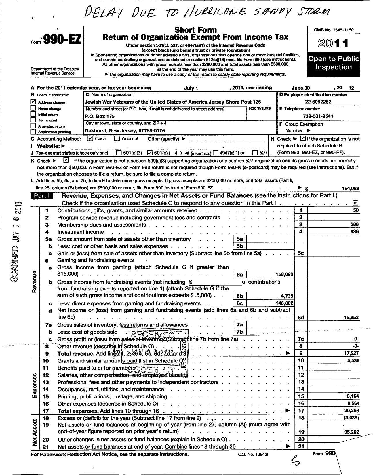 Image of first page of 2011 Form 990EO for Jewish War Veterans of the United States of America - 125 Jersey Shore Post